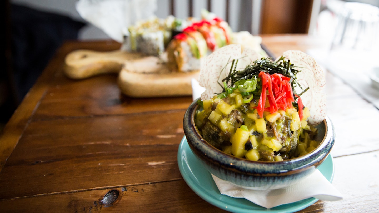 Selection of vegan sushi on a table at Momo in Montréal, Canada