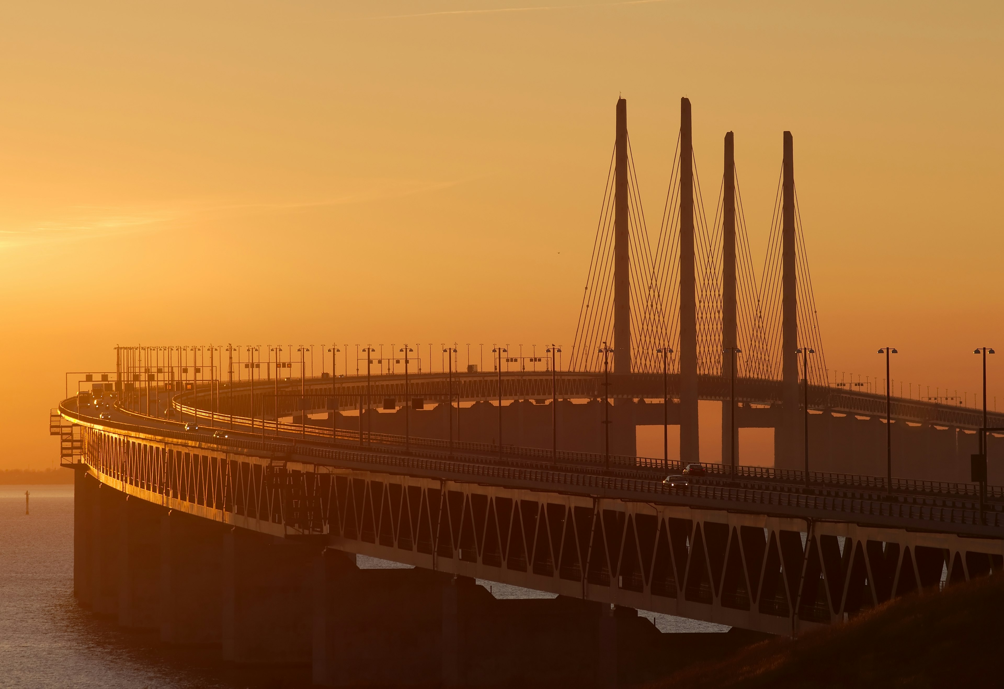 Oresund Bridge at dusk.