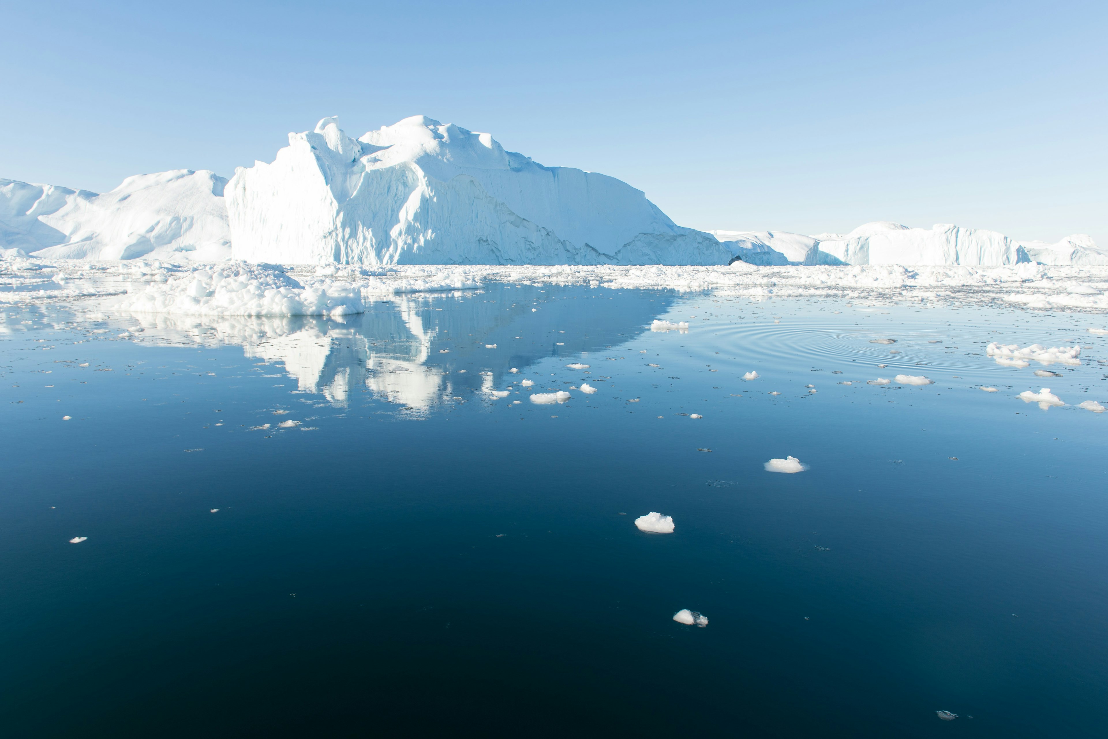 Several giant white icebergs floating through still seawater.