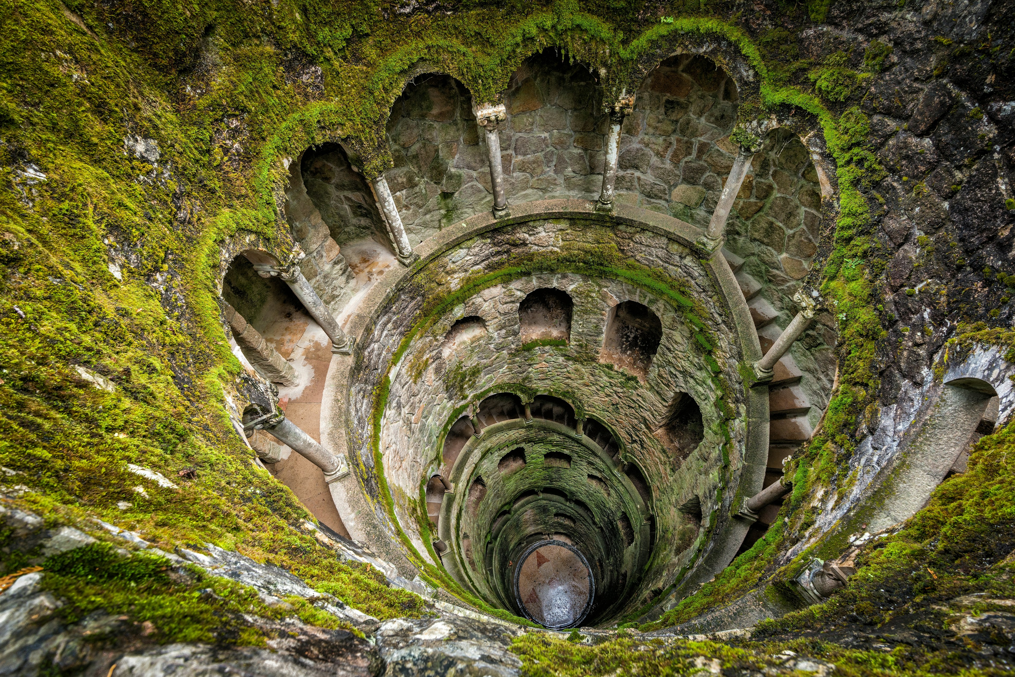 Looking down into a wide well, with spiral stairs and niches forming a spiral toward the bottom. The stone sides are covered in moss.