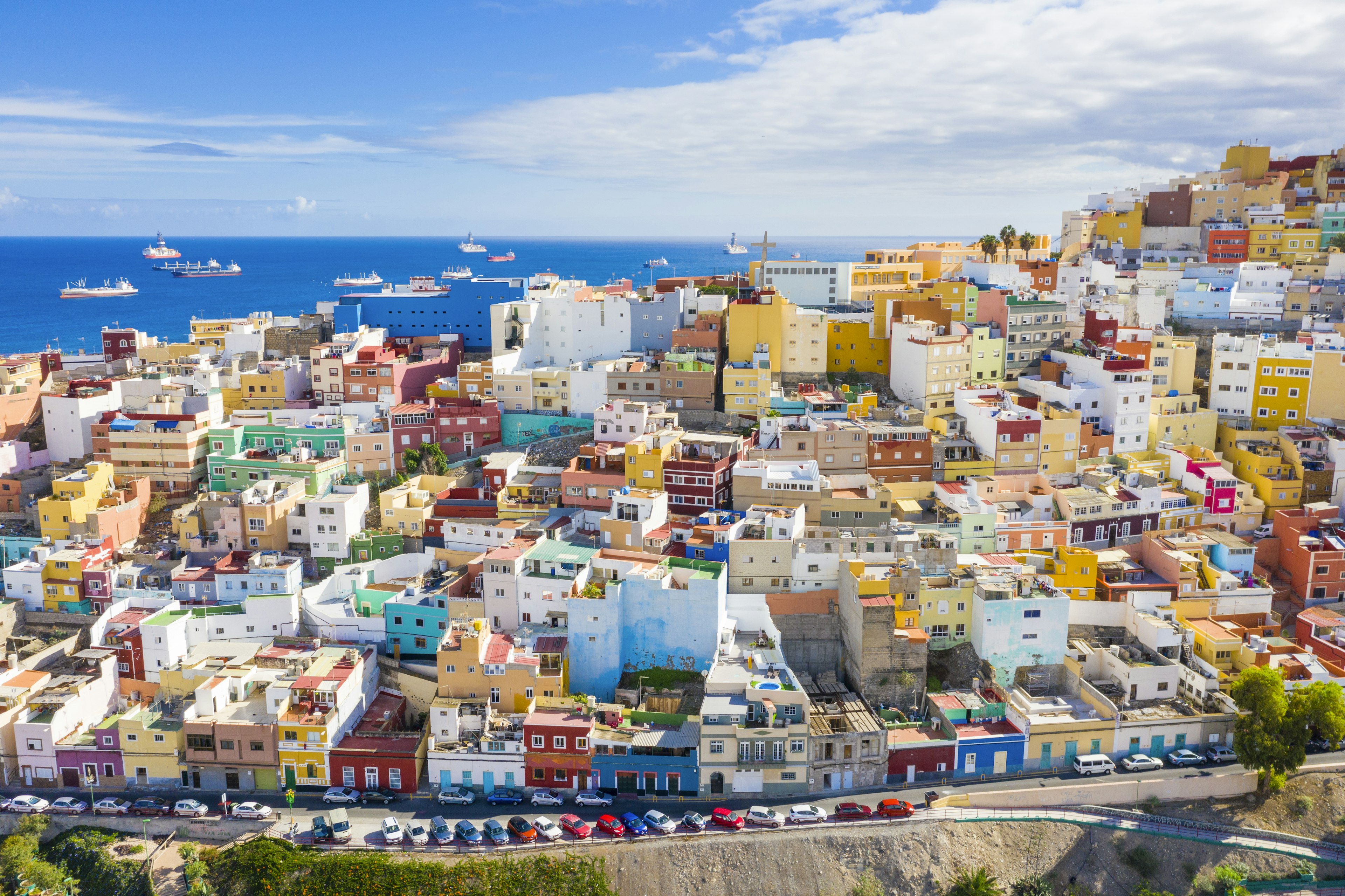 Aerial view on colorful houses on a hillside in the Old Town of Las Palmas, Gran Canaria, Canary Islands, Spain