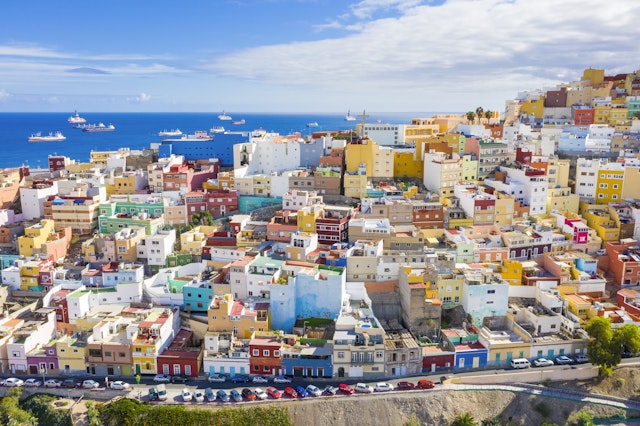 Aerial view on colorful houses on a hillside in the Old Town of Las Palmas, Gran Canaria, Canary Islands, Spain