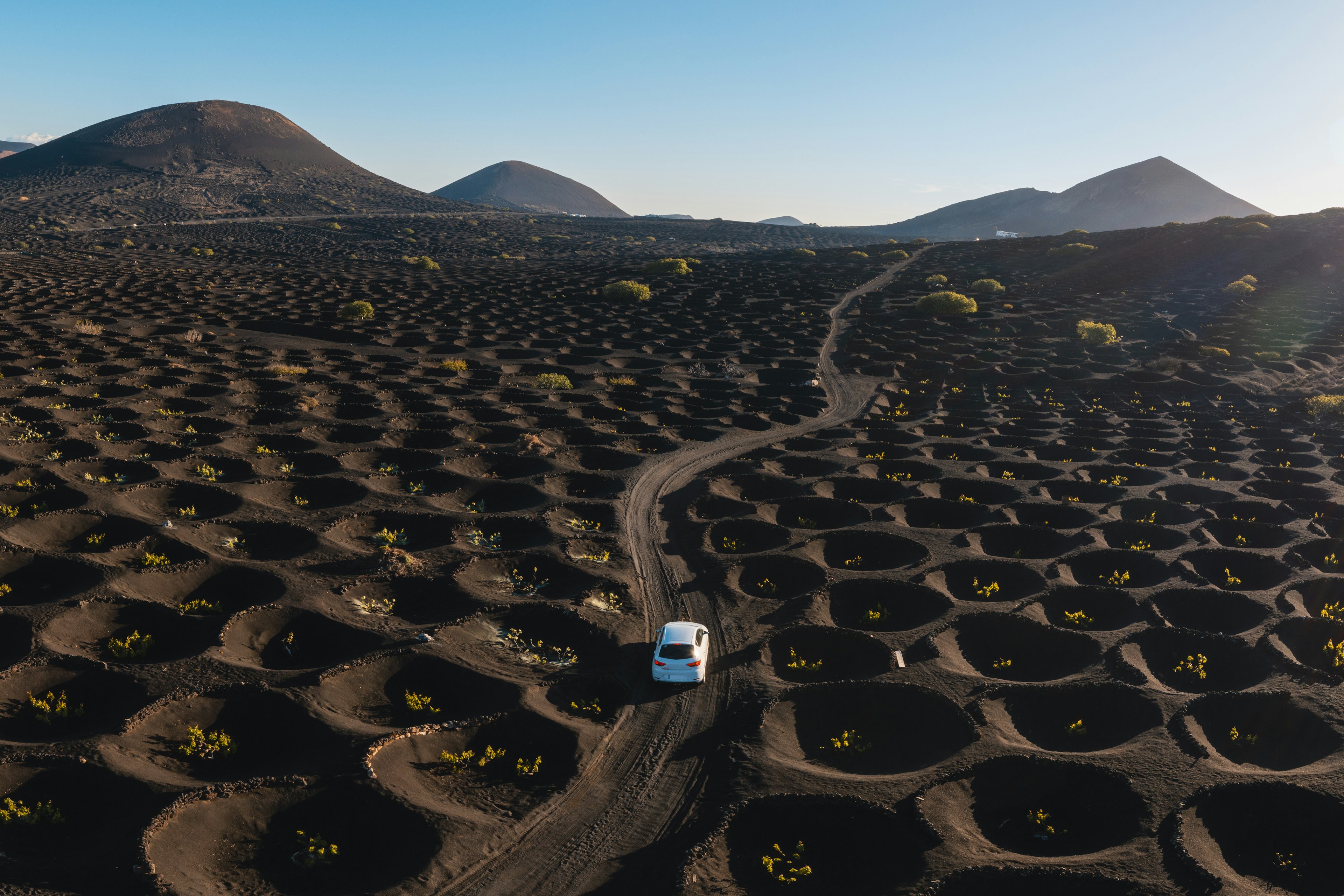 A car drives among the uniquely planted vines in La Geria, Lanzarote, Spain