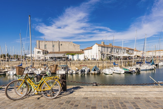 Saint-Martin-de-Re, Île de Ré. Various boats moored in town harbor