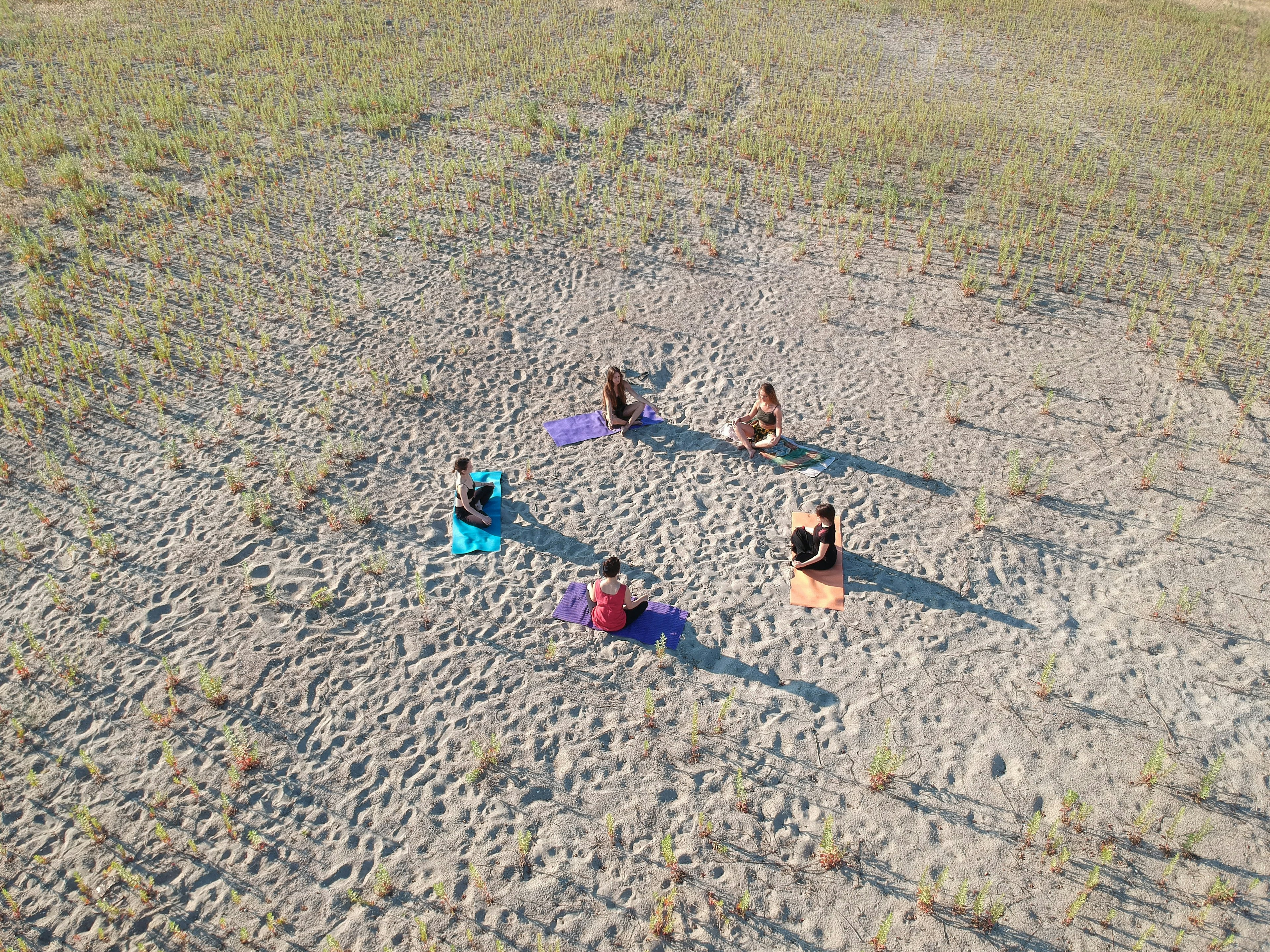 Aerial of five women practising yoga outdoors.