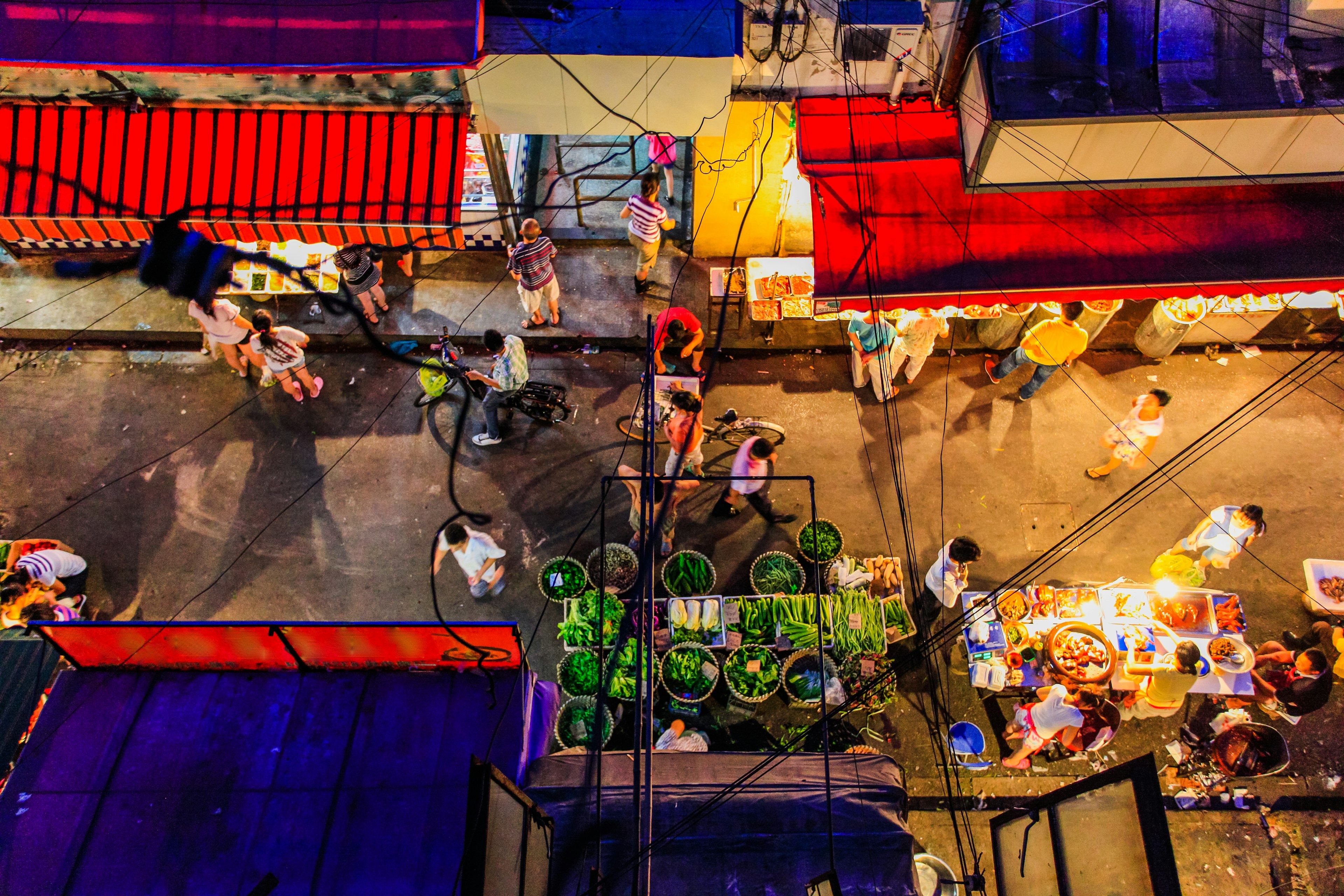 Overhead of Old Town at night.