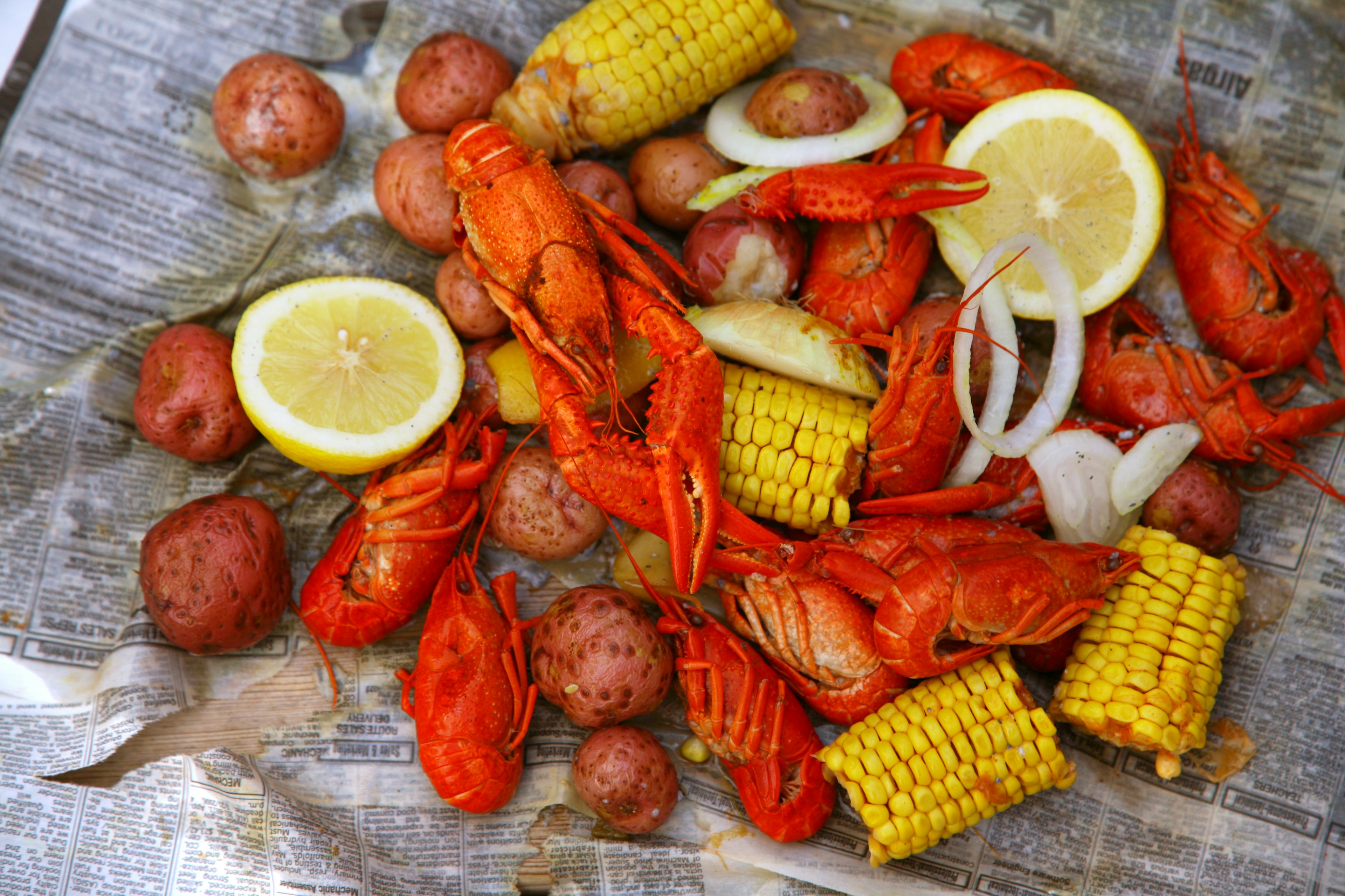 A Louisiana crawfish boil sits on a bed of newspaper: crawfish, corn, potatoes and lemons.