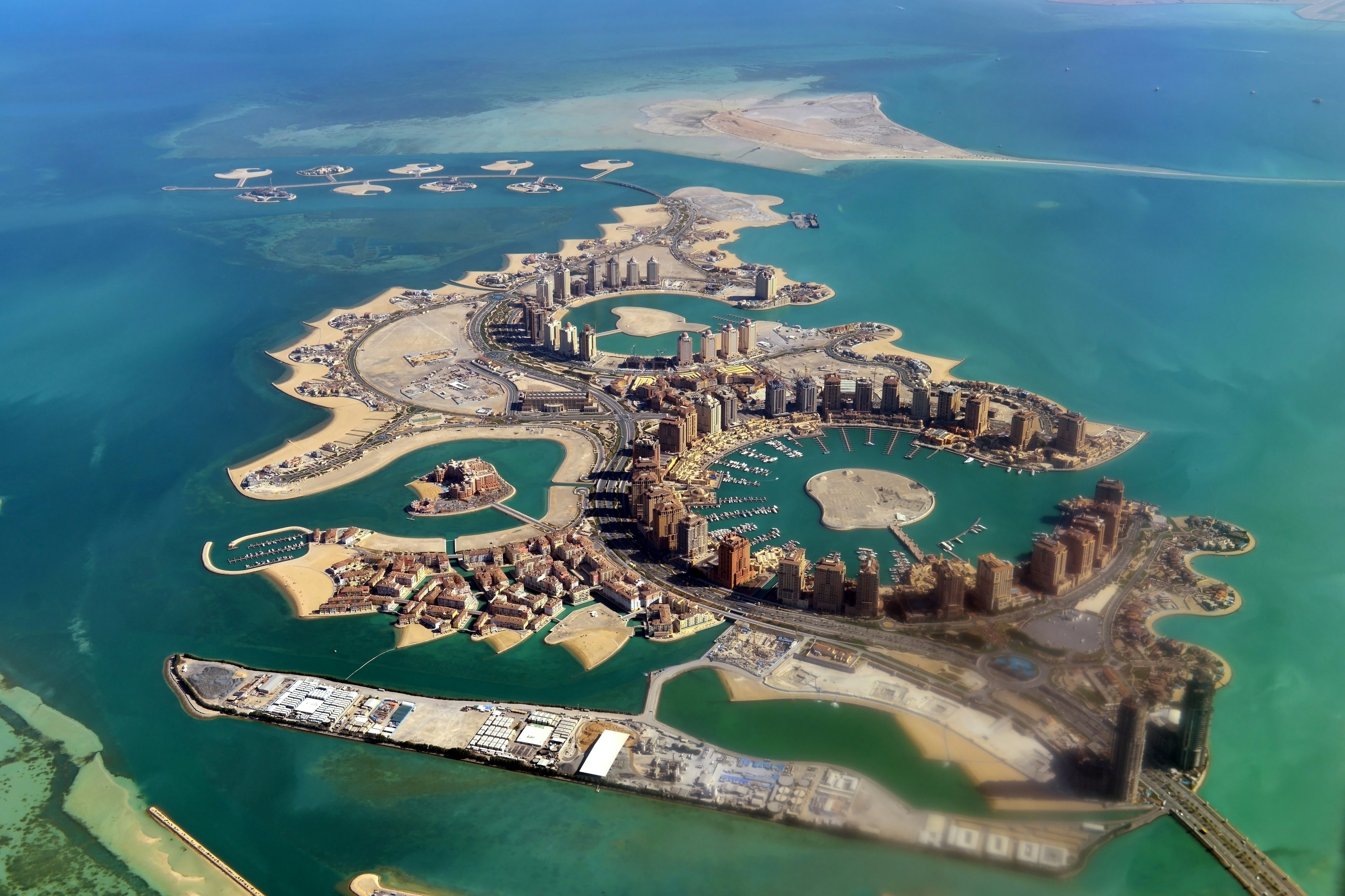 The Pearl, Porto Arabia Marina shot from the air in Doha, Qatar