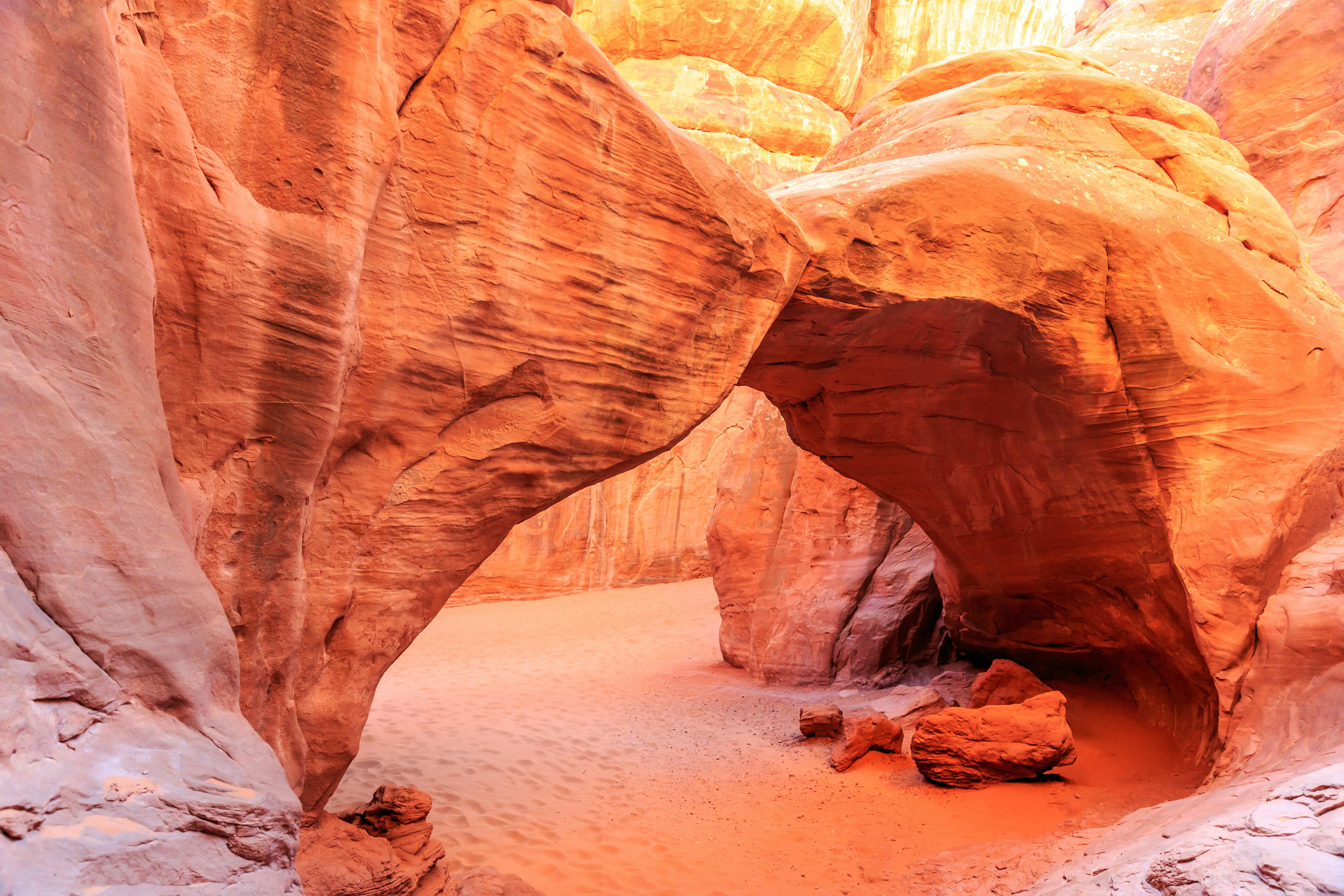 Sand Dune Arch at a rock canyon in Arches National Park, Utah.