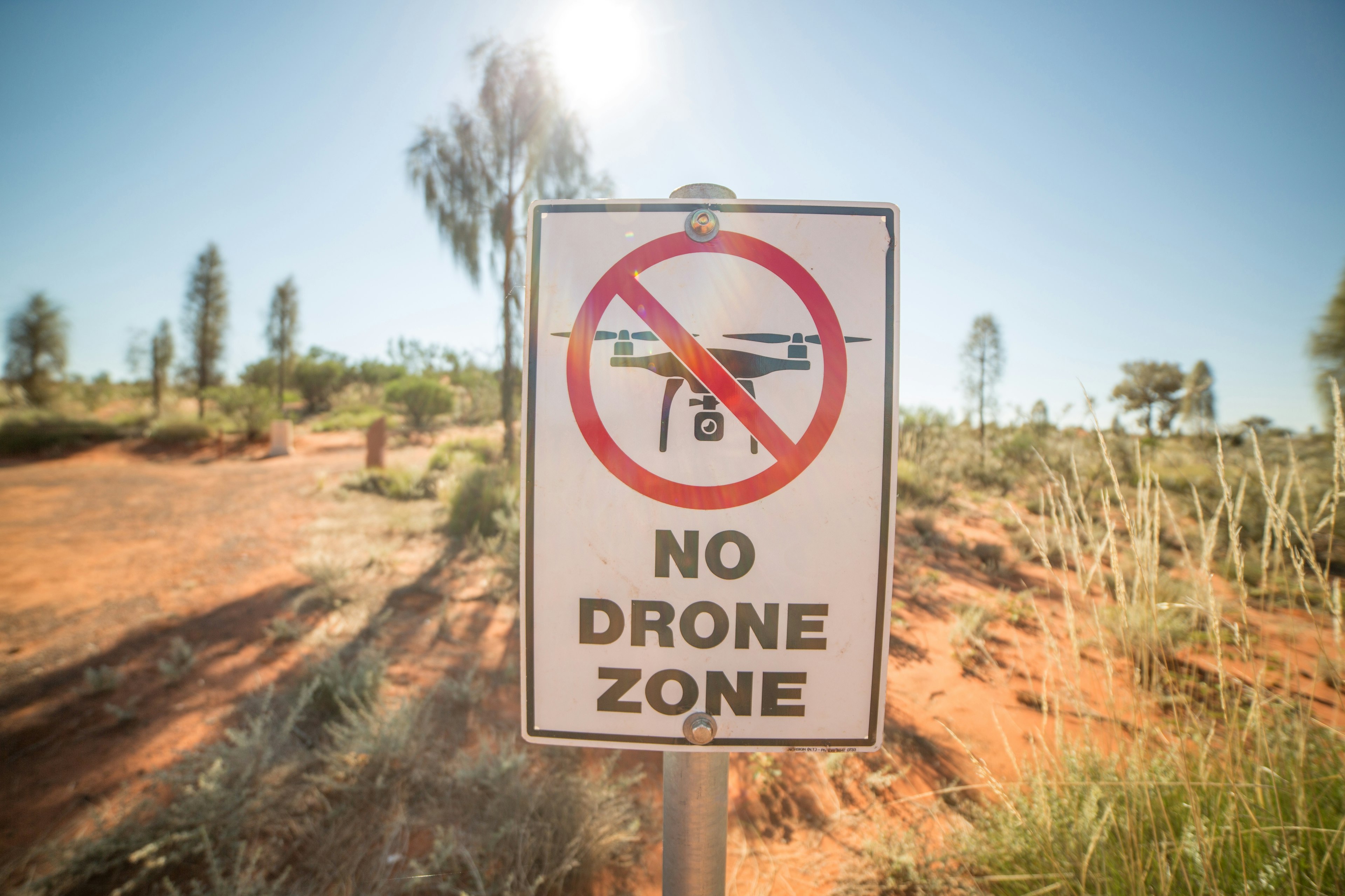 No drone zone warning sign in the Australian outback.