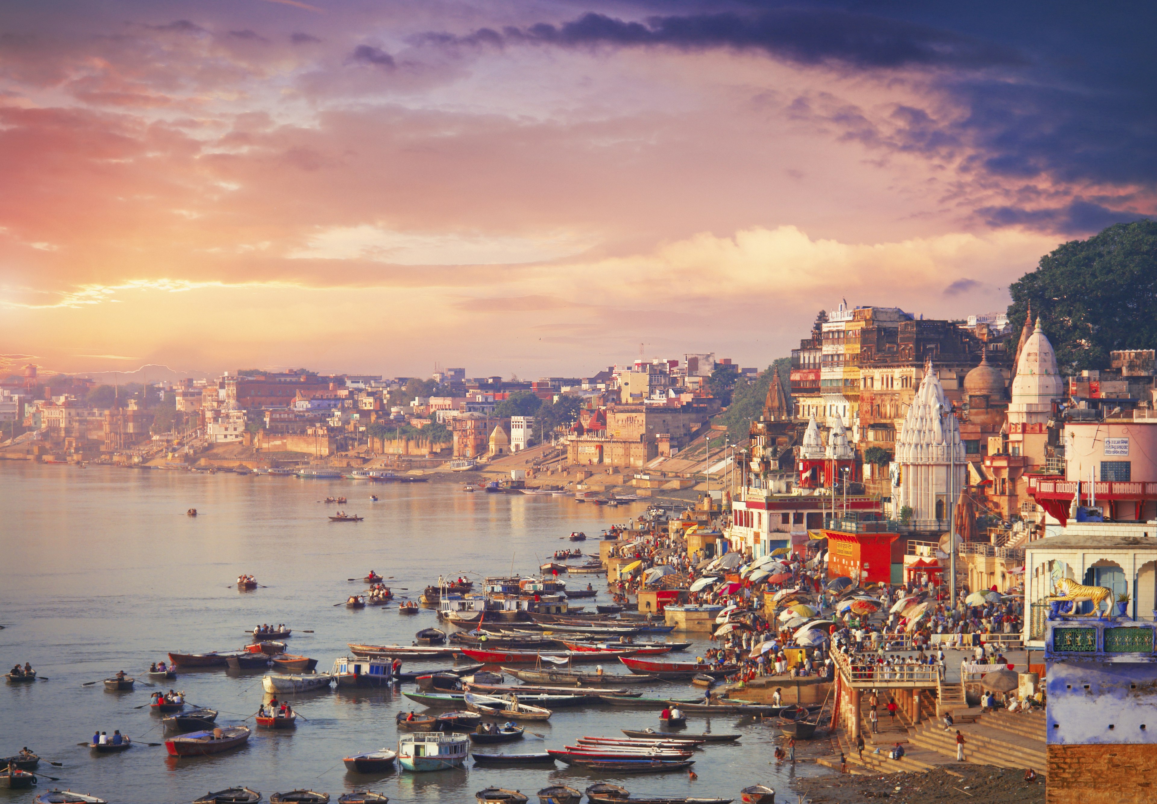 Holy town Varanasi and bank of the Ganges river with ghats