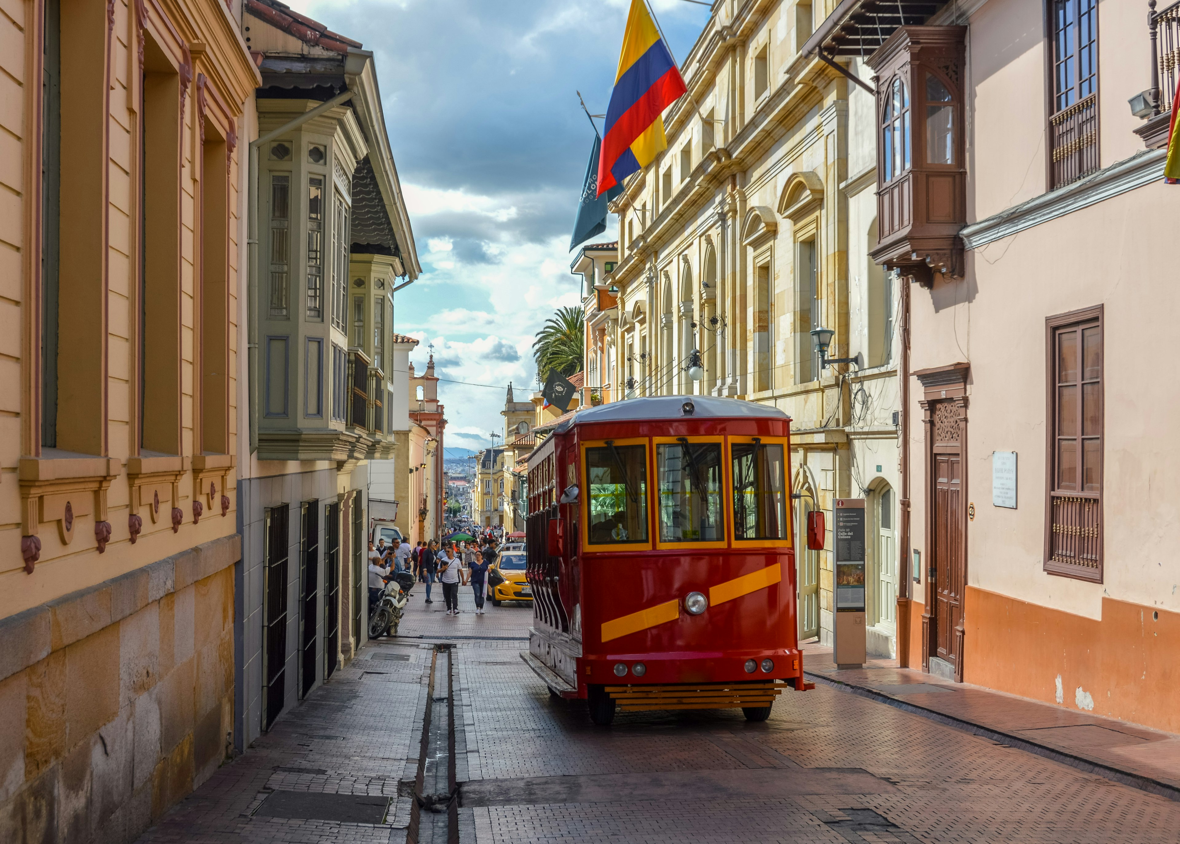 A streetcar in the historic La Candelaria neighborhood in Bogota, Colombia.