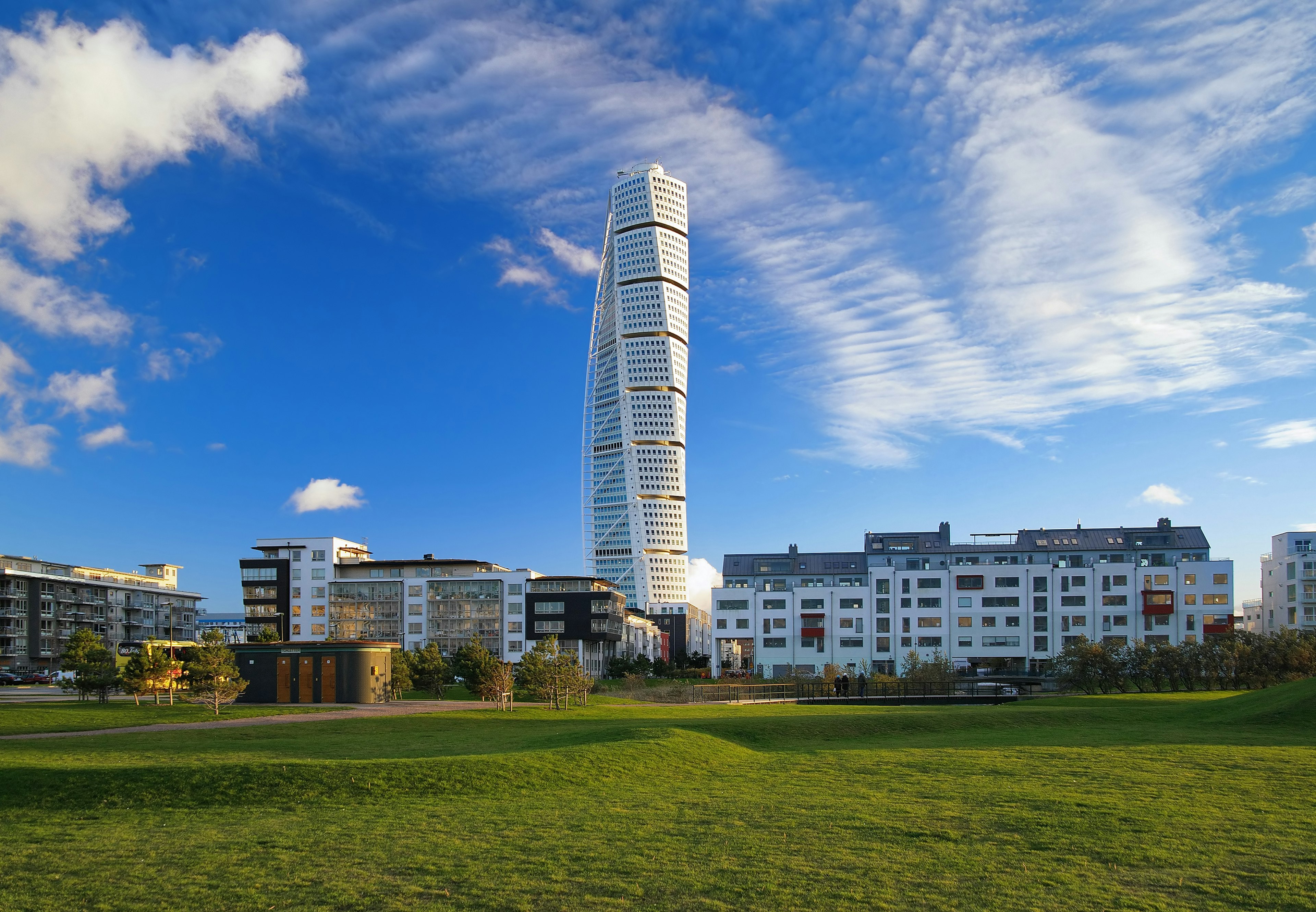 Turning Torso, a neo-futurist residential skyscraper in late afternoon light.