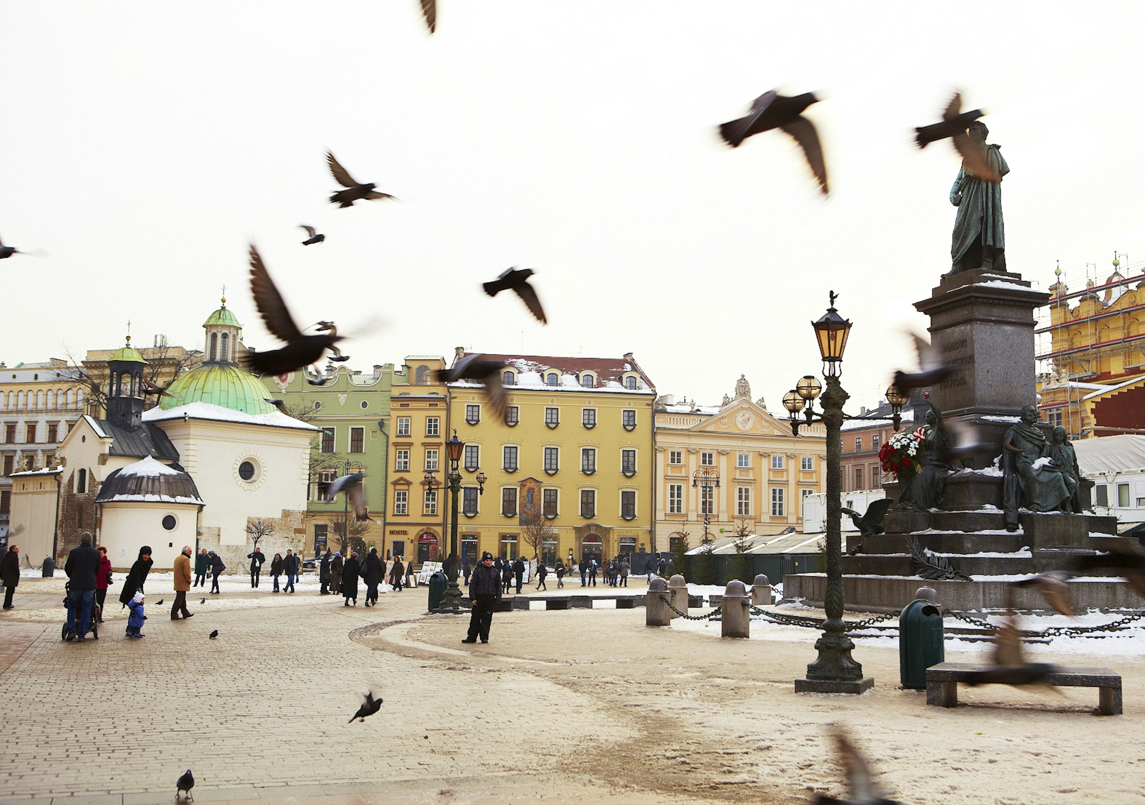 Pigeons take flight in a cobbled square with a sculpture-topped monument and historic houses enclosing the area