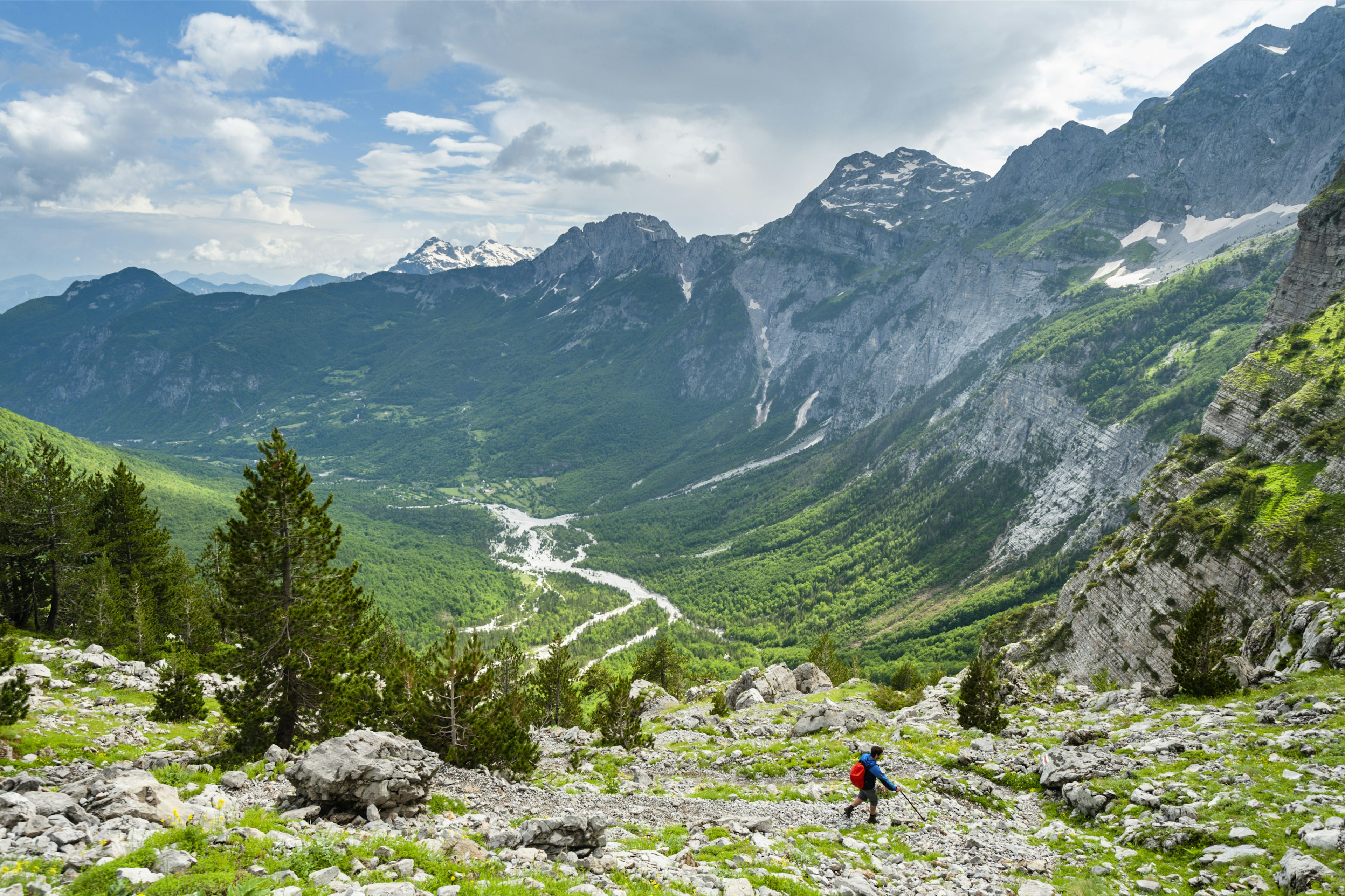 Descending from the Qafae Pëjes pass towards the village of Theth, Albania.