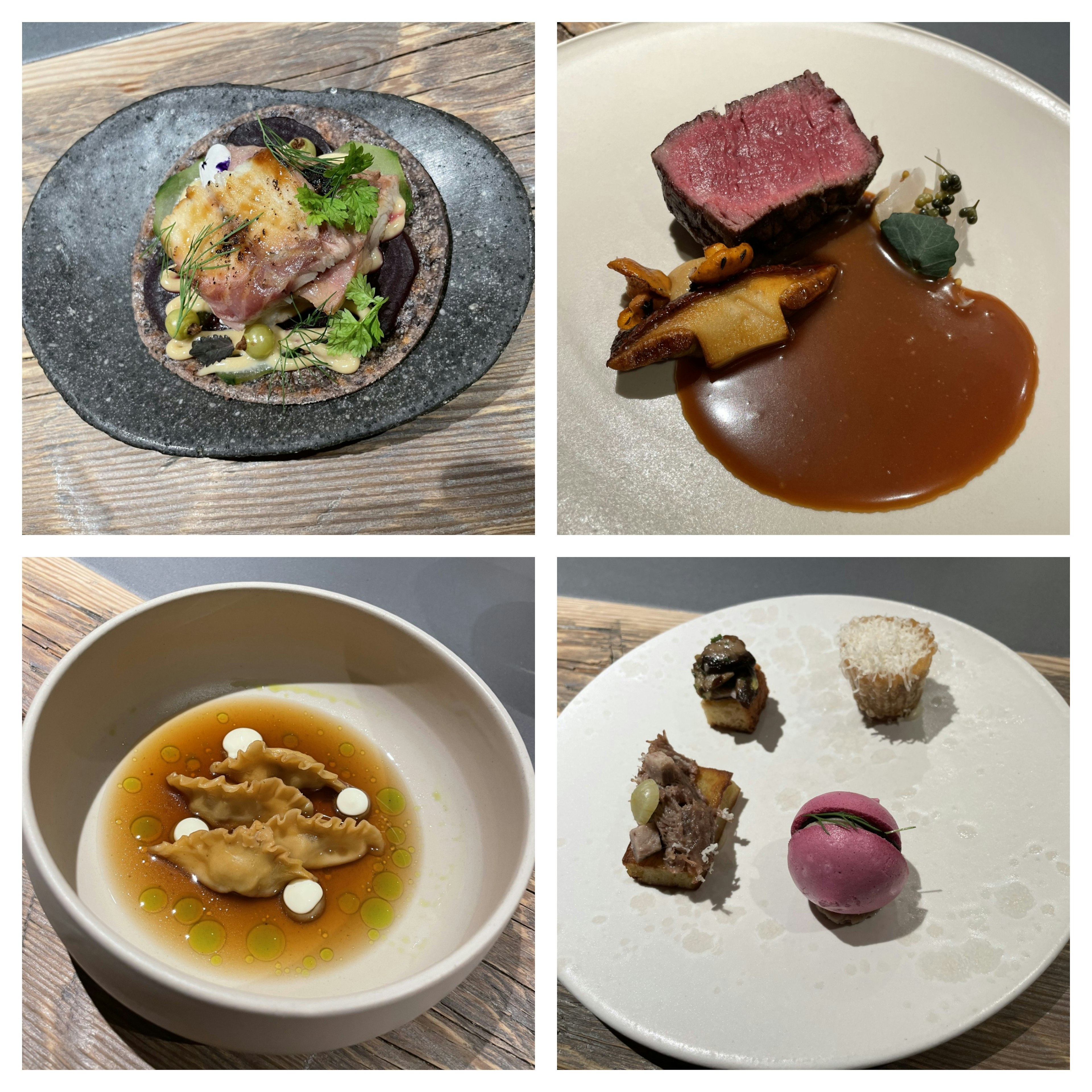 A grid showing four dainty dishes served on white plates