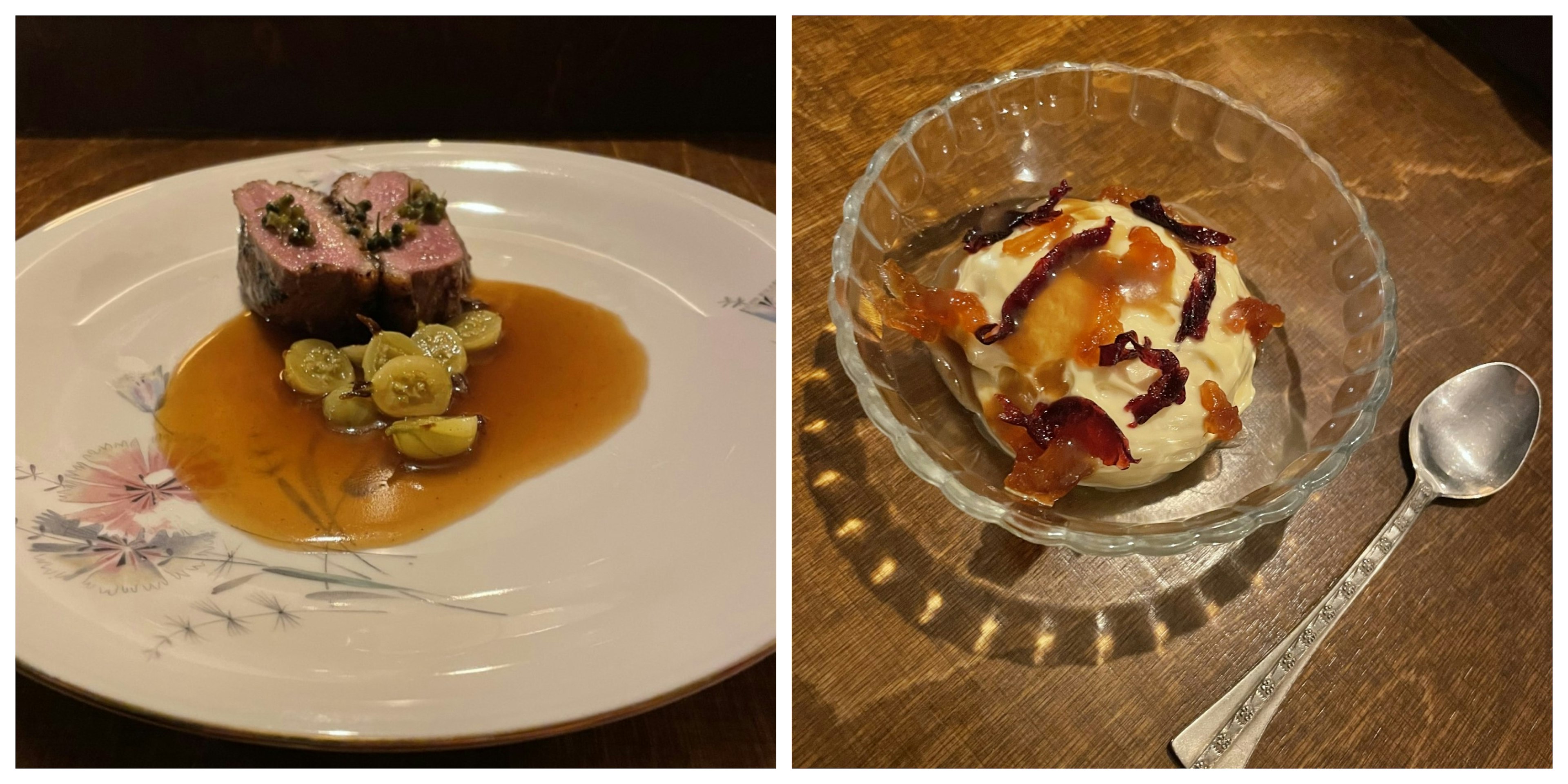 Left: a plate with a meat dish and gravy; right: a glass bowl with an ice-cream-based dessert