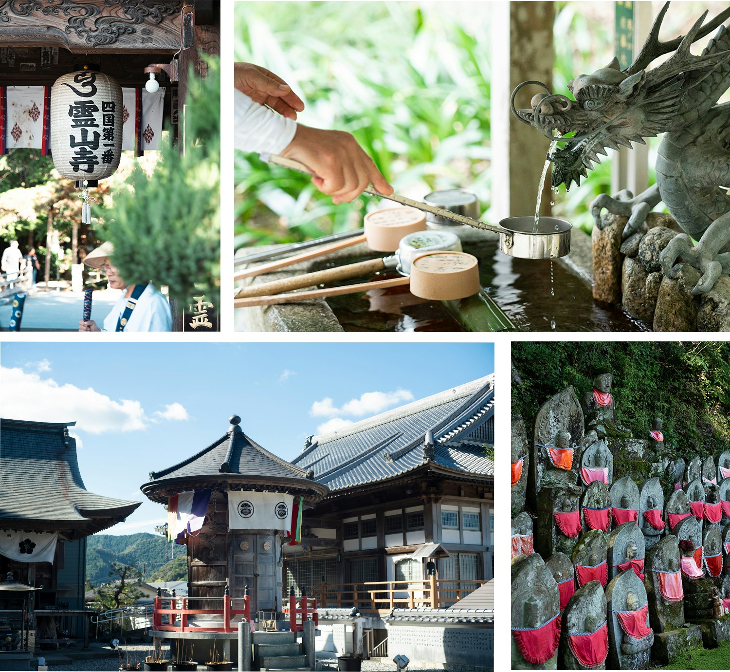 Shikoku pilgrimage temples, clockwise from top left: Ryōzen-ji, Sankakuji, Ōkubo-ji, and Iwamotoji. Masayuki Nakaya for Lonely Planet