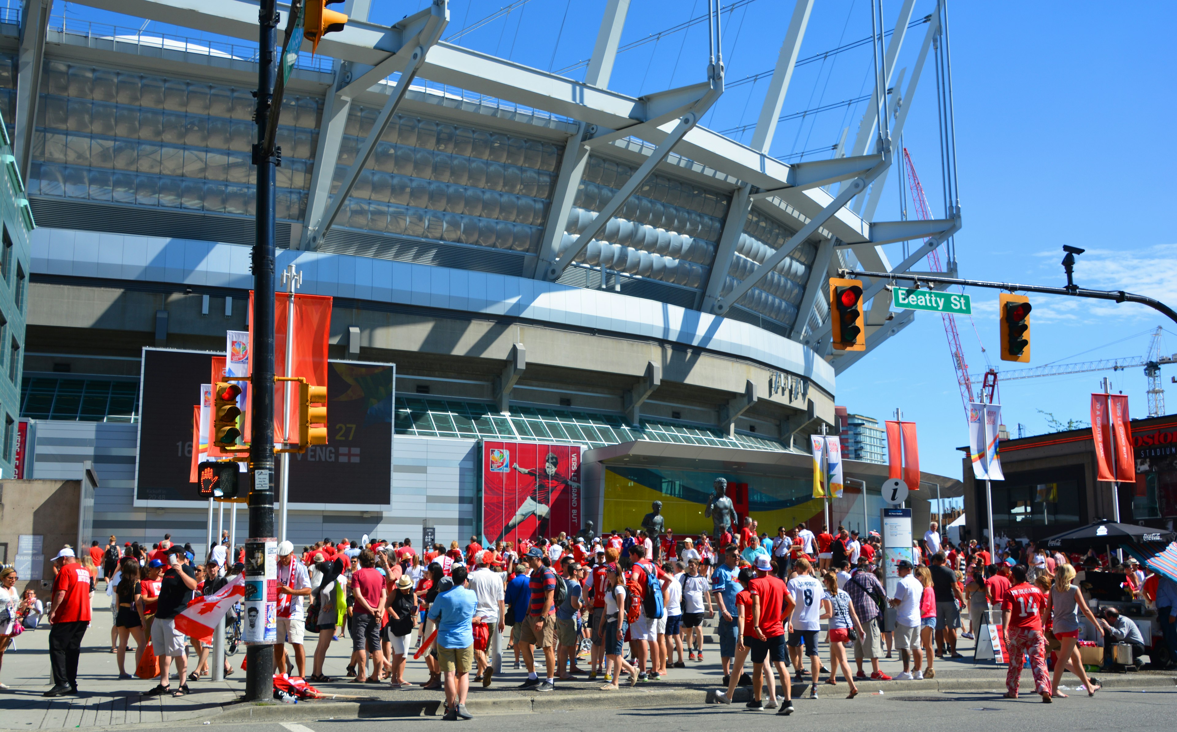 VANCOUVER, CANADA - JUNE 27, 2015: Canadian fans arrive to BC Place Stadium for FIFA Women's World Cup Canada 2015 match Canada again England.