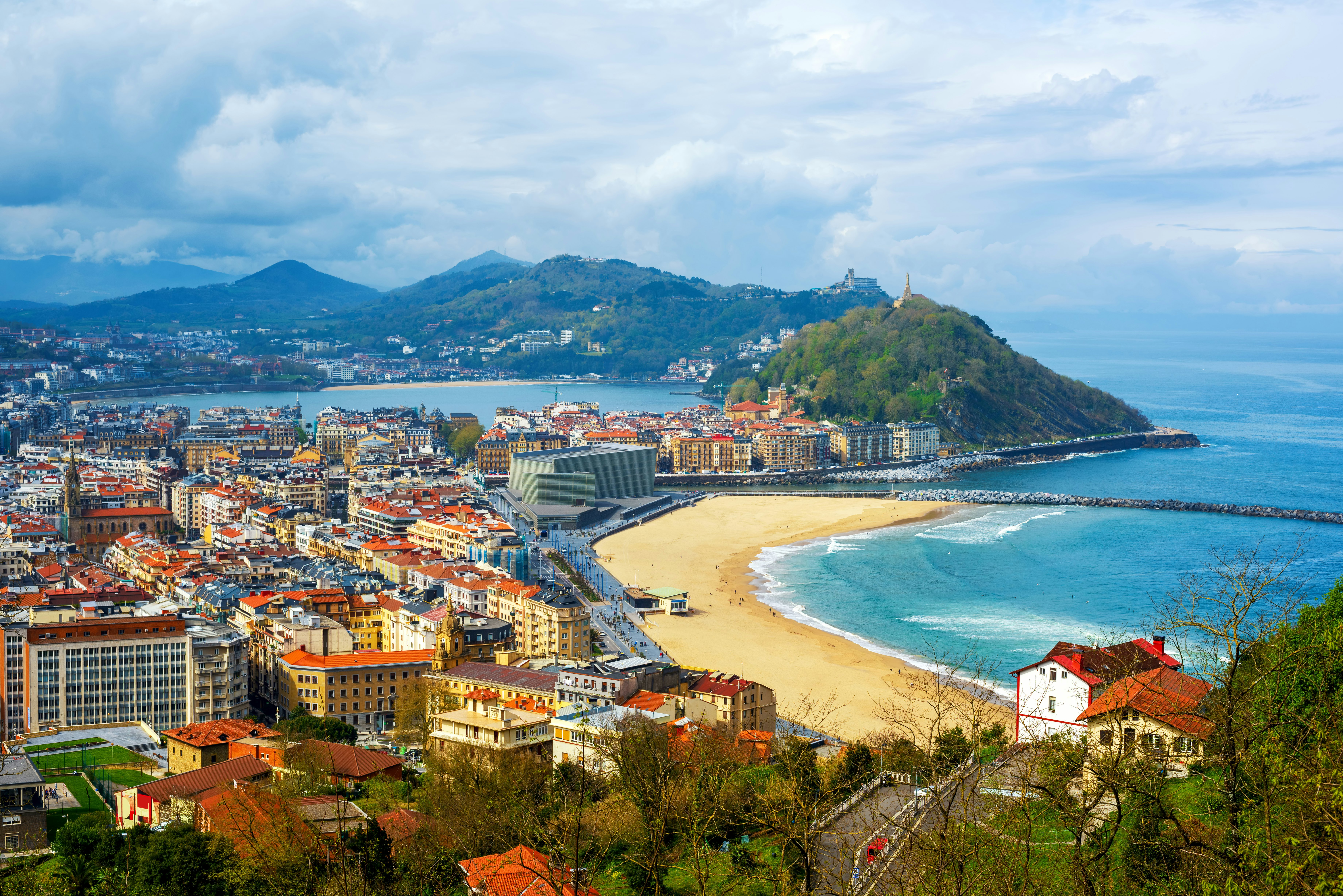 A view of the Zurriola beach leading to Mount Urgull, San Sebastian