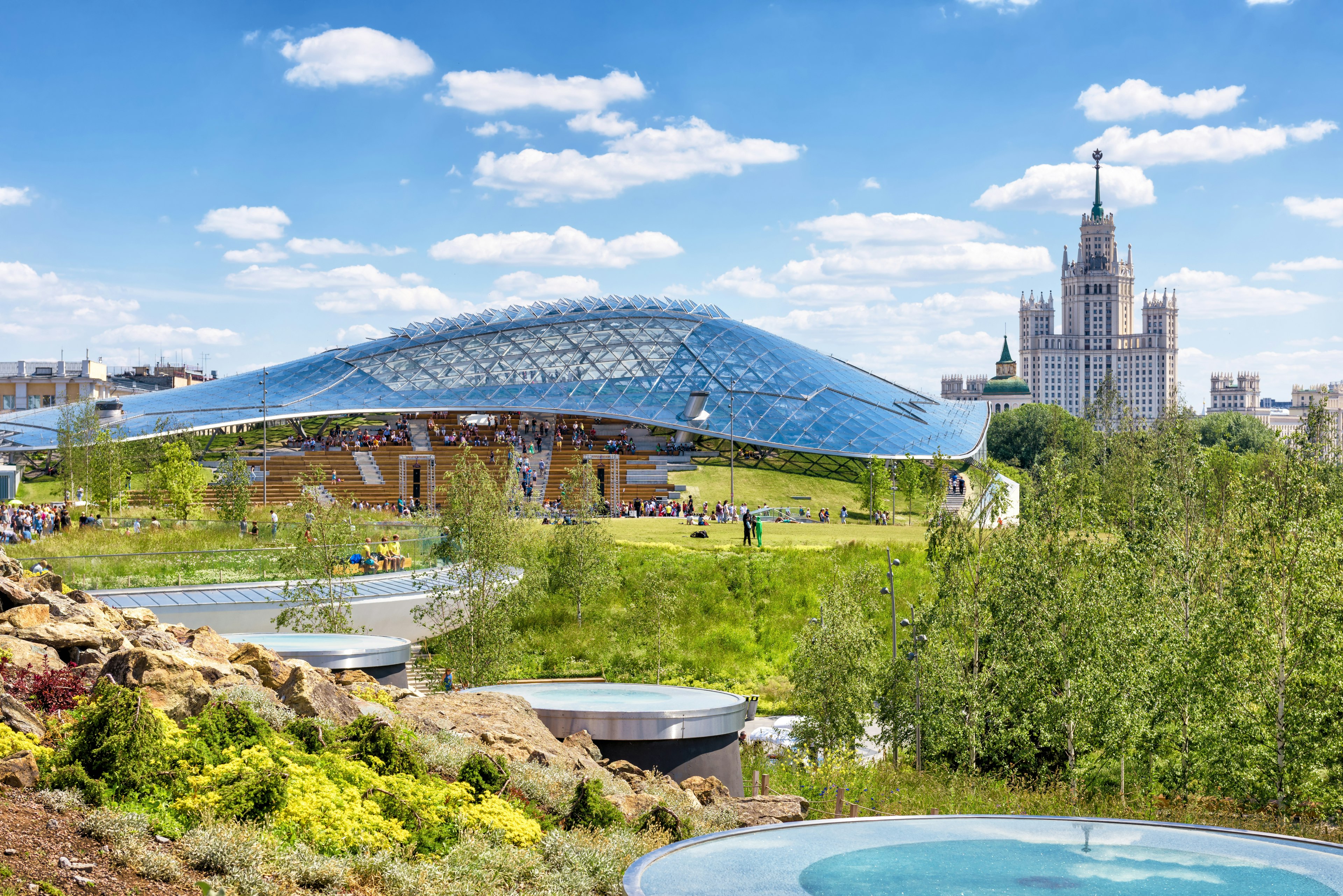 Zaryadye Park with modern amphitheater, Moscow, Russia.