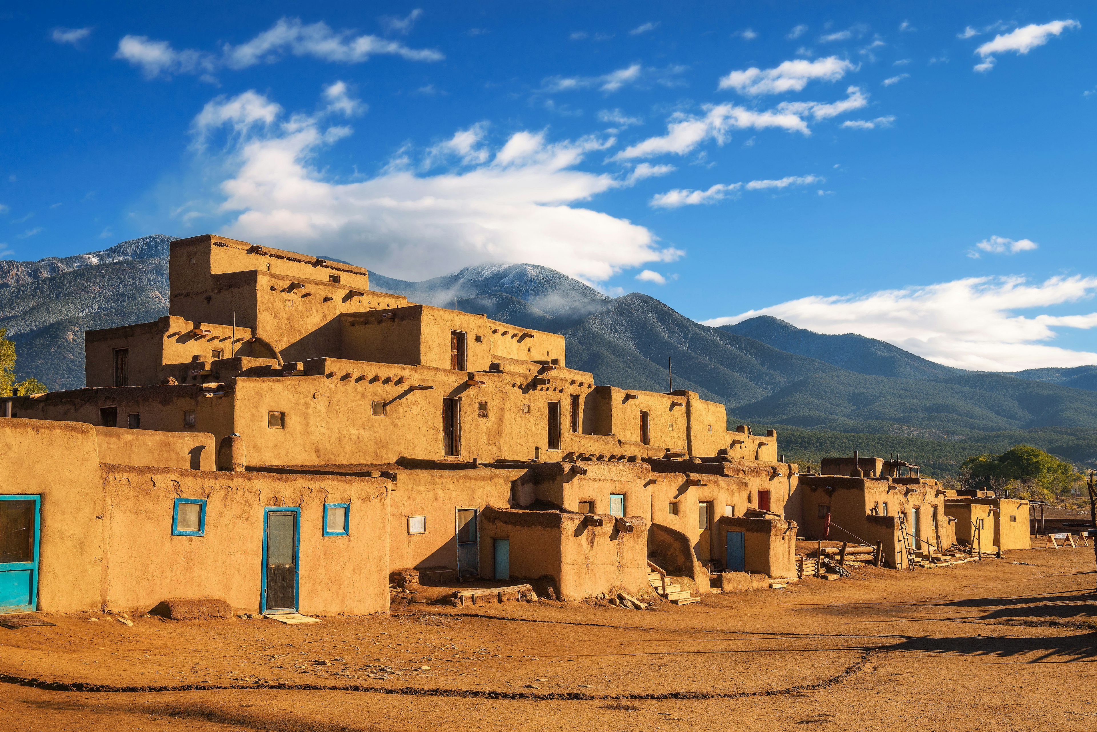 Historic adobe dwellings in the UNESCO World Heritage-listed Taos Pueblo in New Mexico.