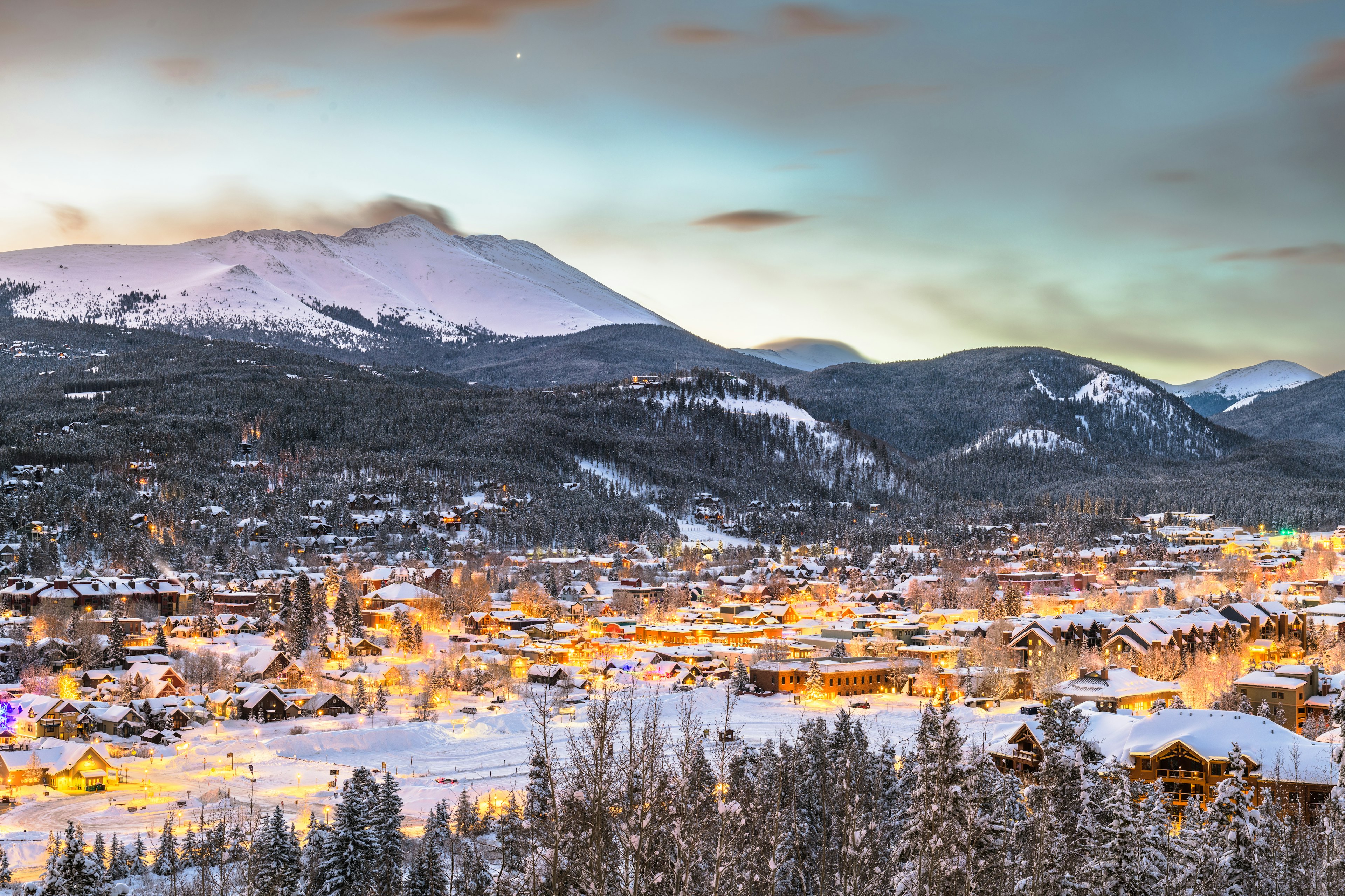 Breckenridge, Colorado, USA town skyline in winter at dawn.