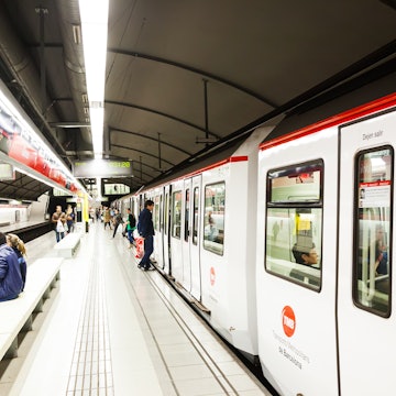 BARCELONA, SPAIN - APRIL 12: Interior of metro station Glories in April 12, 2012 in Barcelona, Spain. It was opened in 1951, located underground of Placa de les Glories Catalanes License Type: media Download Time: 2022-01-21T06:59:49.000Z User: Is Editorial: Yes purchase_order: