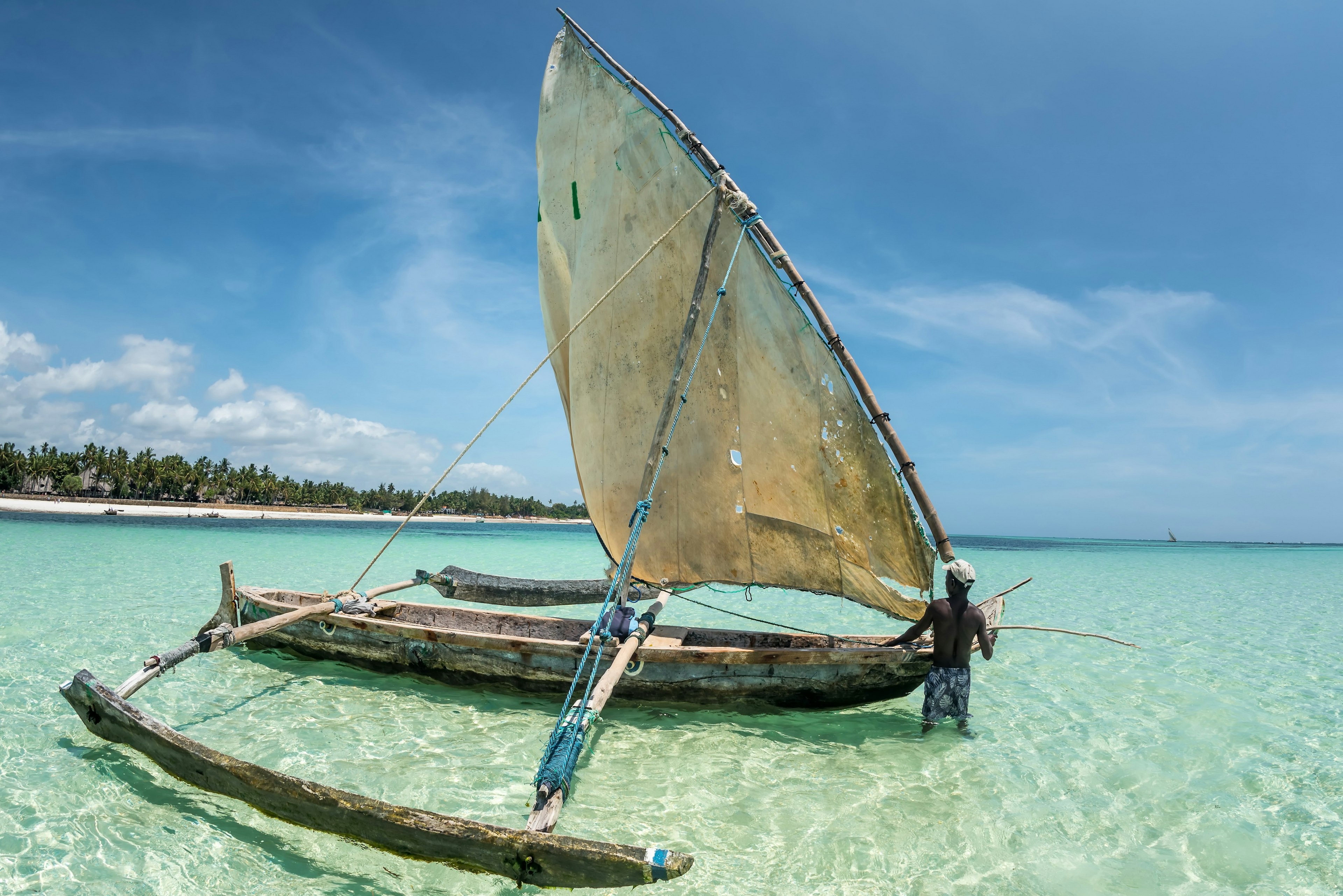 A traditional boat on the beach in Zanzibar, Tanzania.