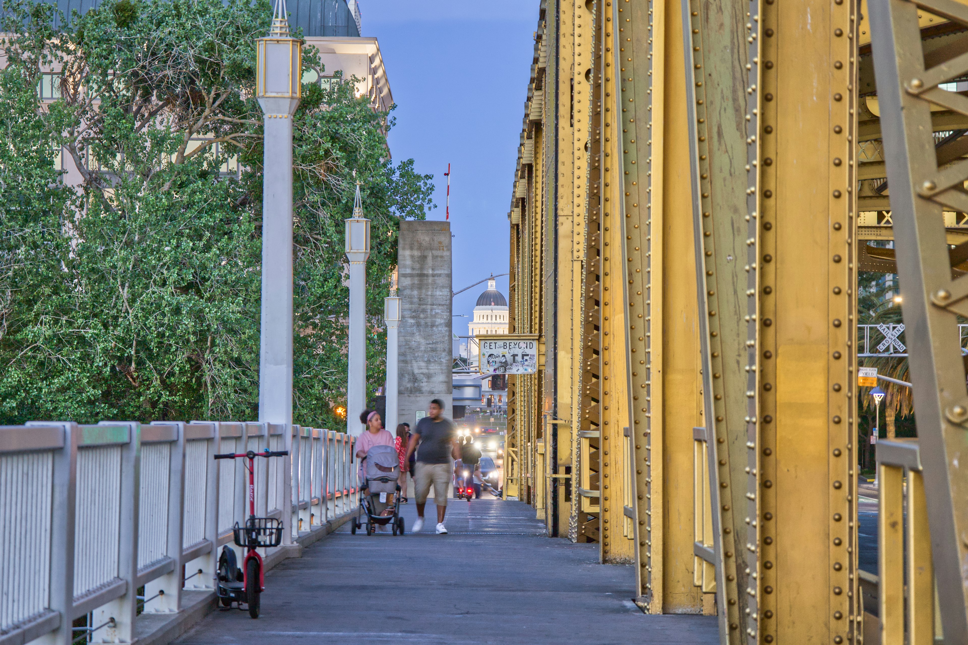 California State Capitol in the Distance from Bridge Walkway in Sacramento, California