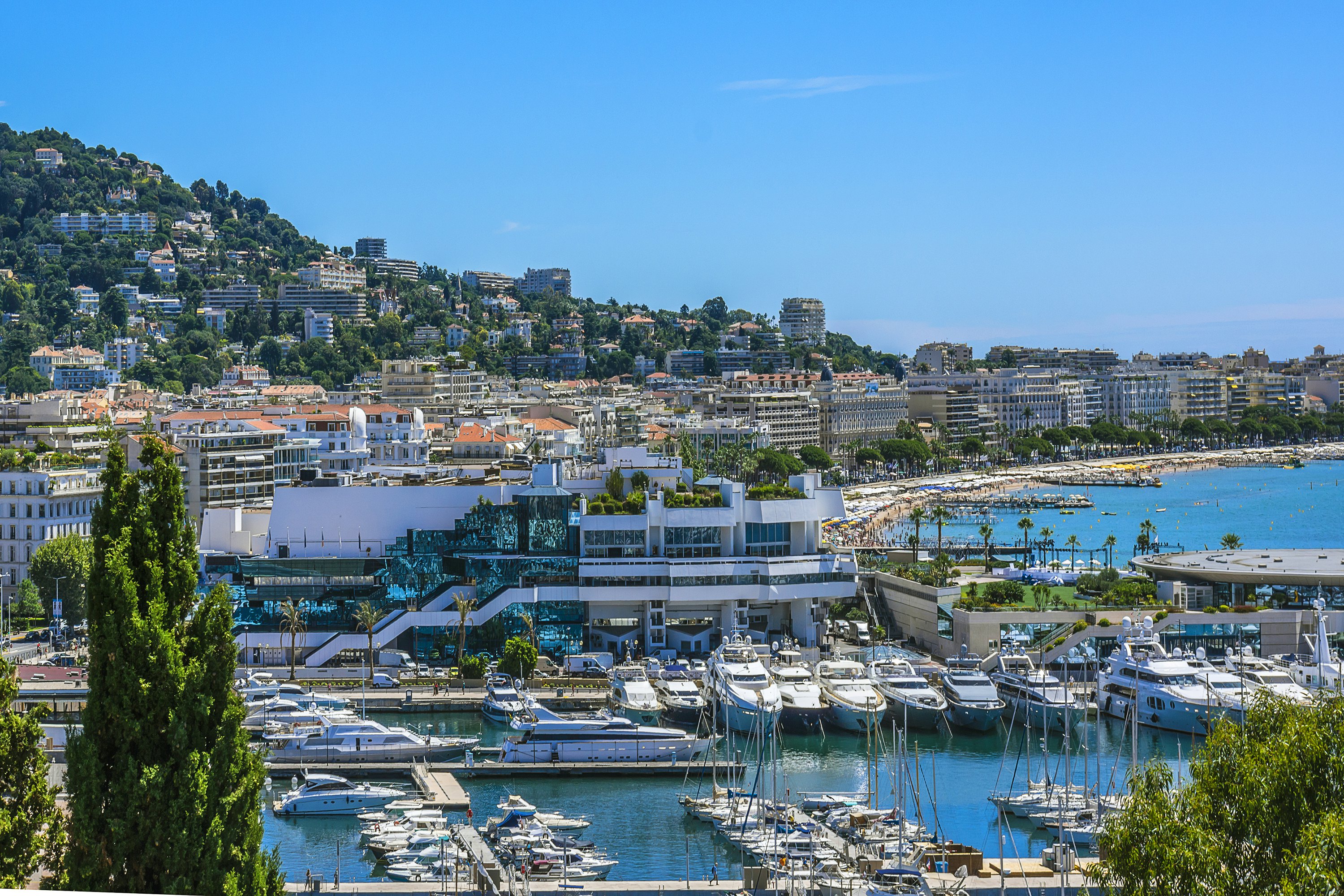 Panoramic view: Le Suquet - the Old town and Port Le Vieux in Cannes, Cote d'Azur, France.