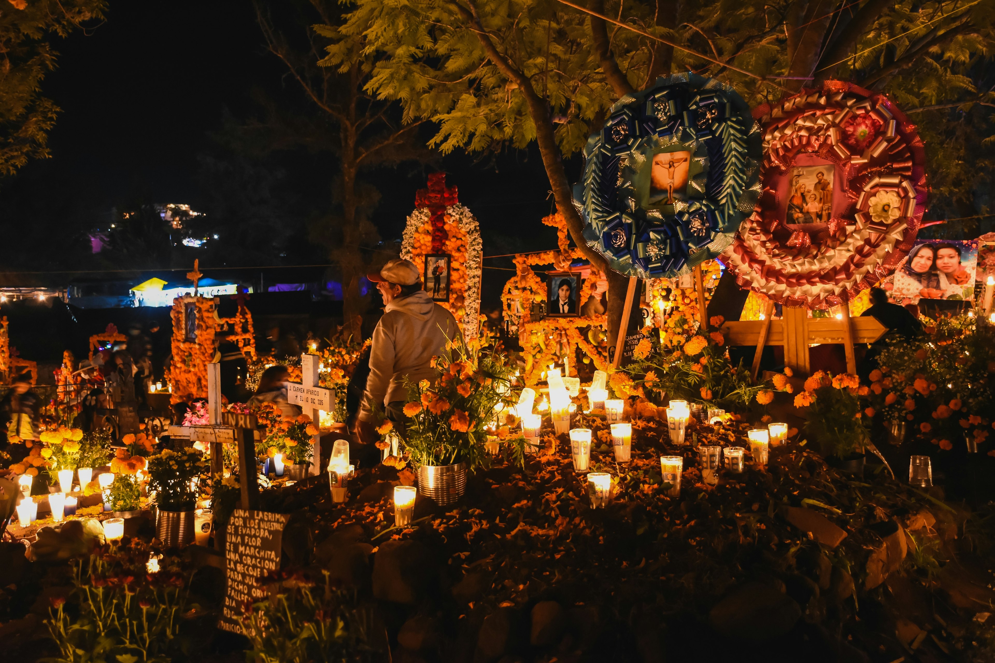 Decoration in a Mexican cemetery on the day of the dead- Tzintzuntzan cemetery in MichoacÃ¡n Mexico, one of the most representative to celebrate the day of dead