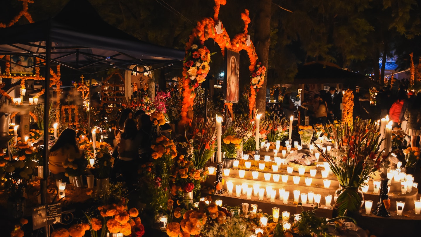 Decoration in a Mexican cemetery on the day of the dead- Tzintzuntzan cemetery in Michoacán Mexico, one of the most representative to celebrate the day of dead