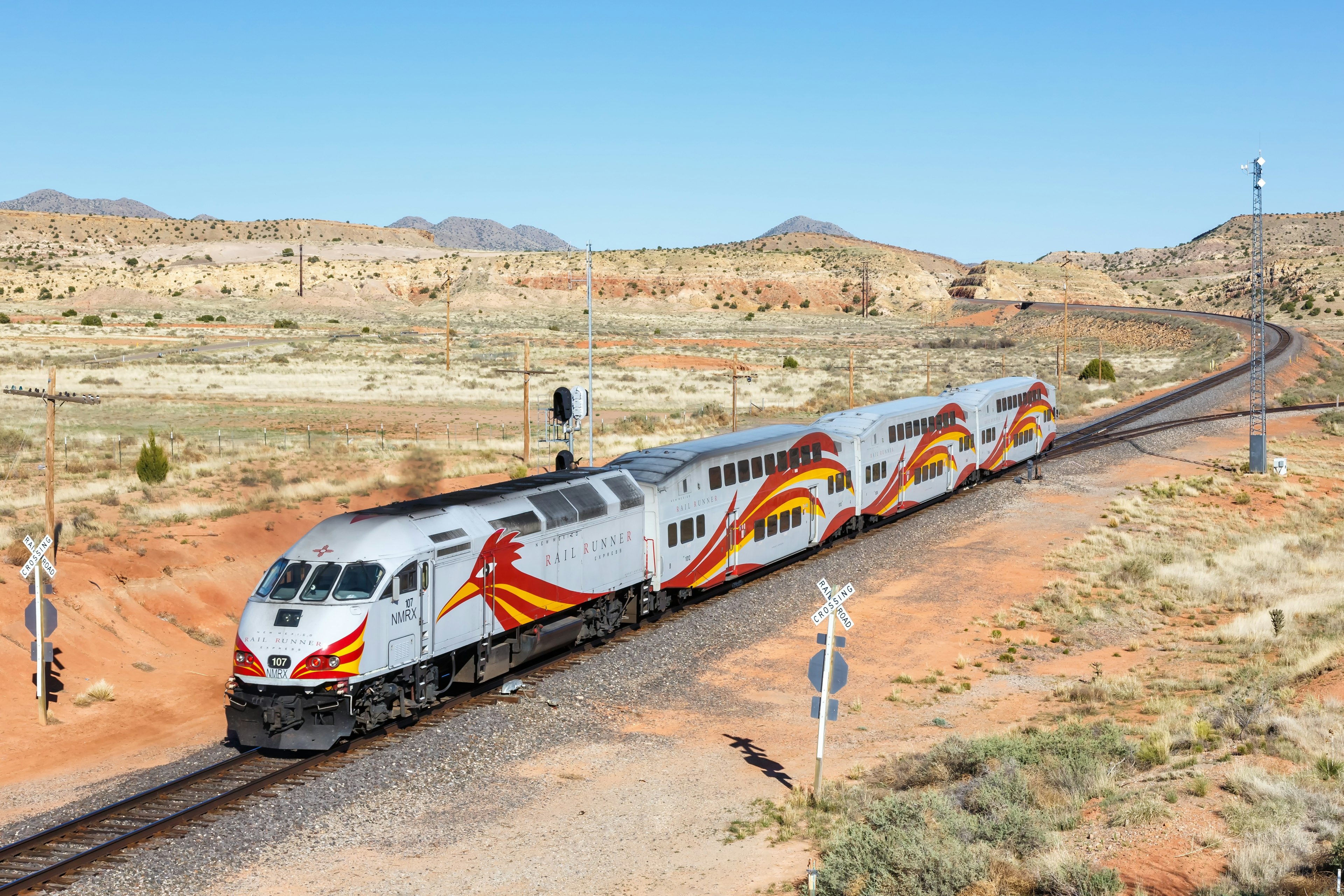 New Mexico Rail Runner Express commuter train railways near Santa Fe, United States.