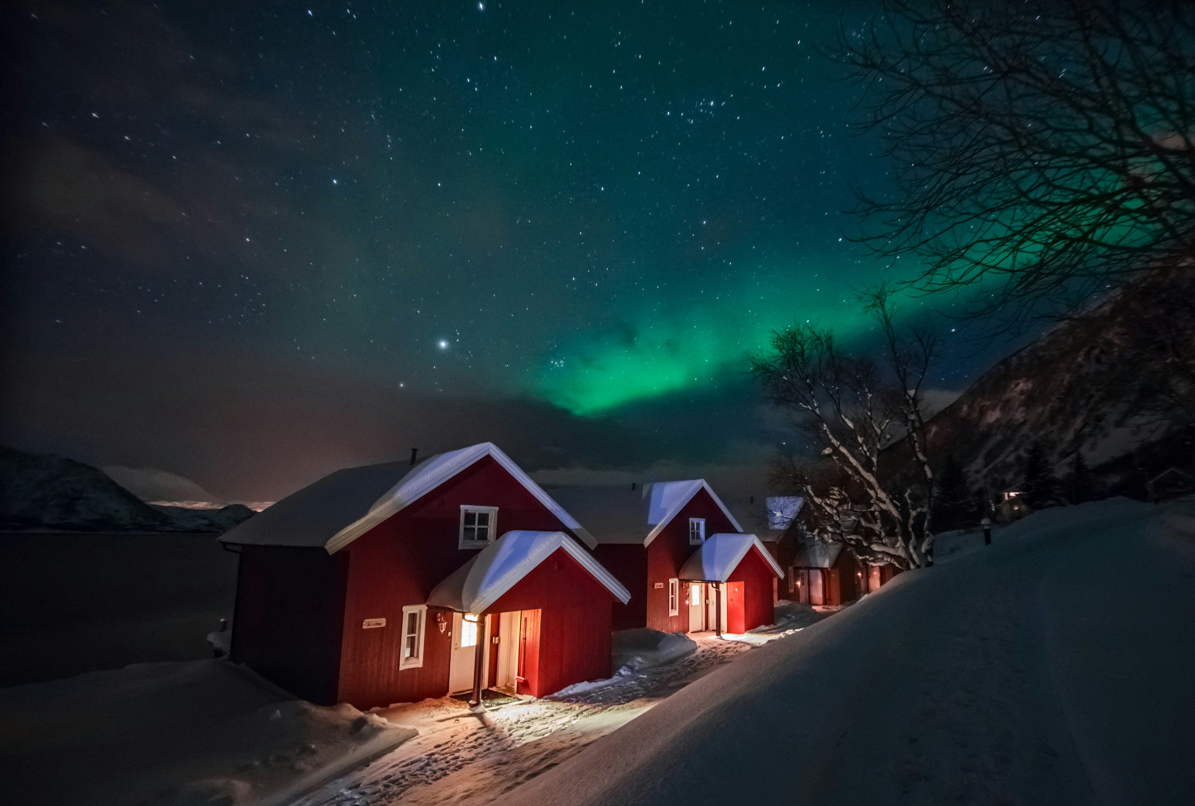 Northern lights (Aurora Borealis) over the red snowed-in cottages in a Lapland village.