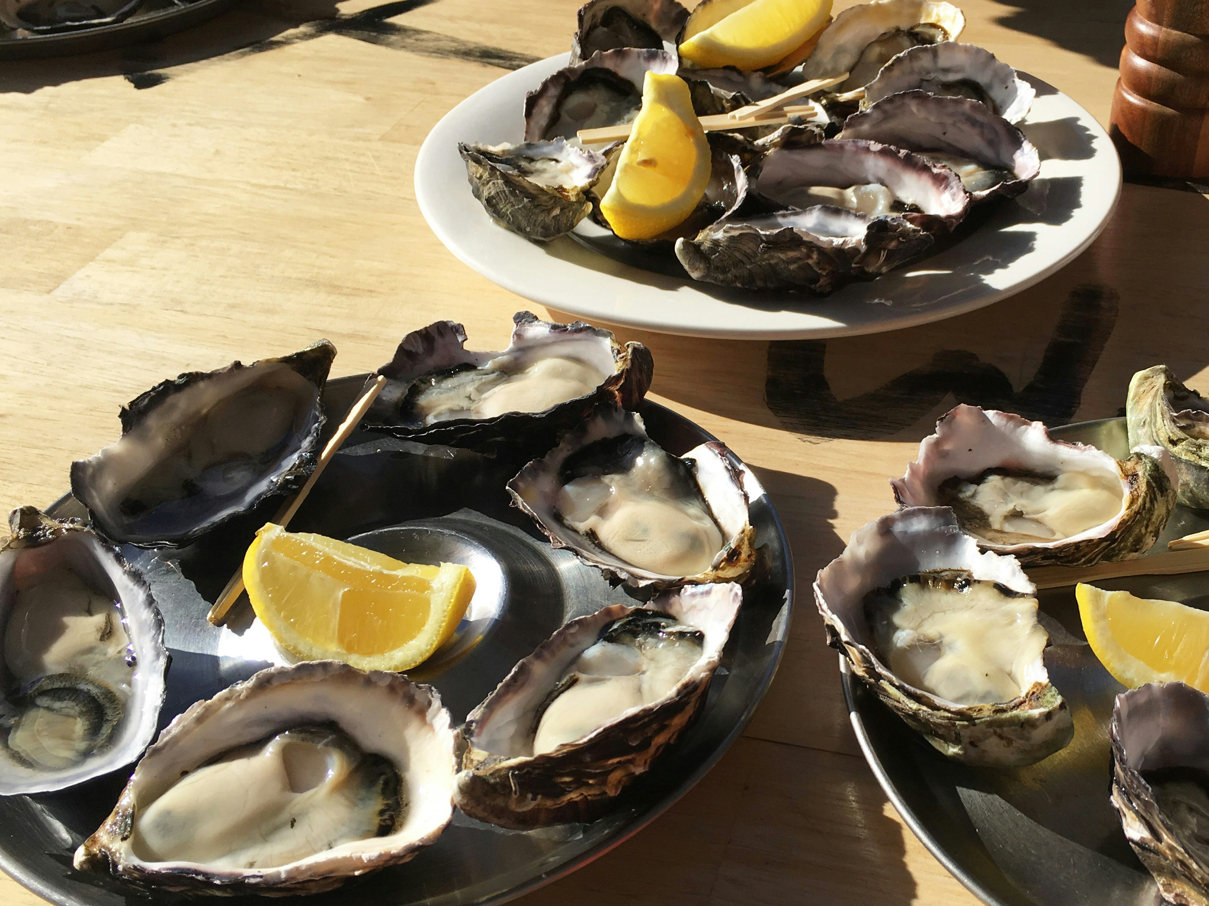 Plates of Delicious Rock Oysters with Wedges of Lemon