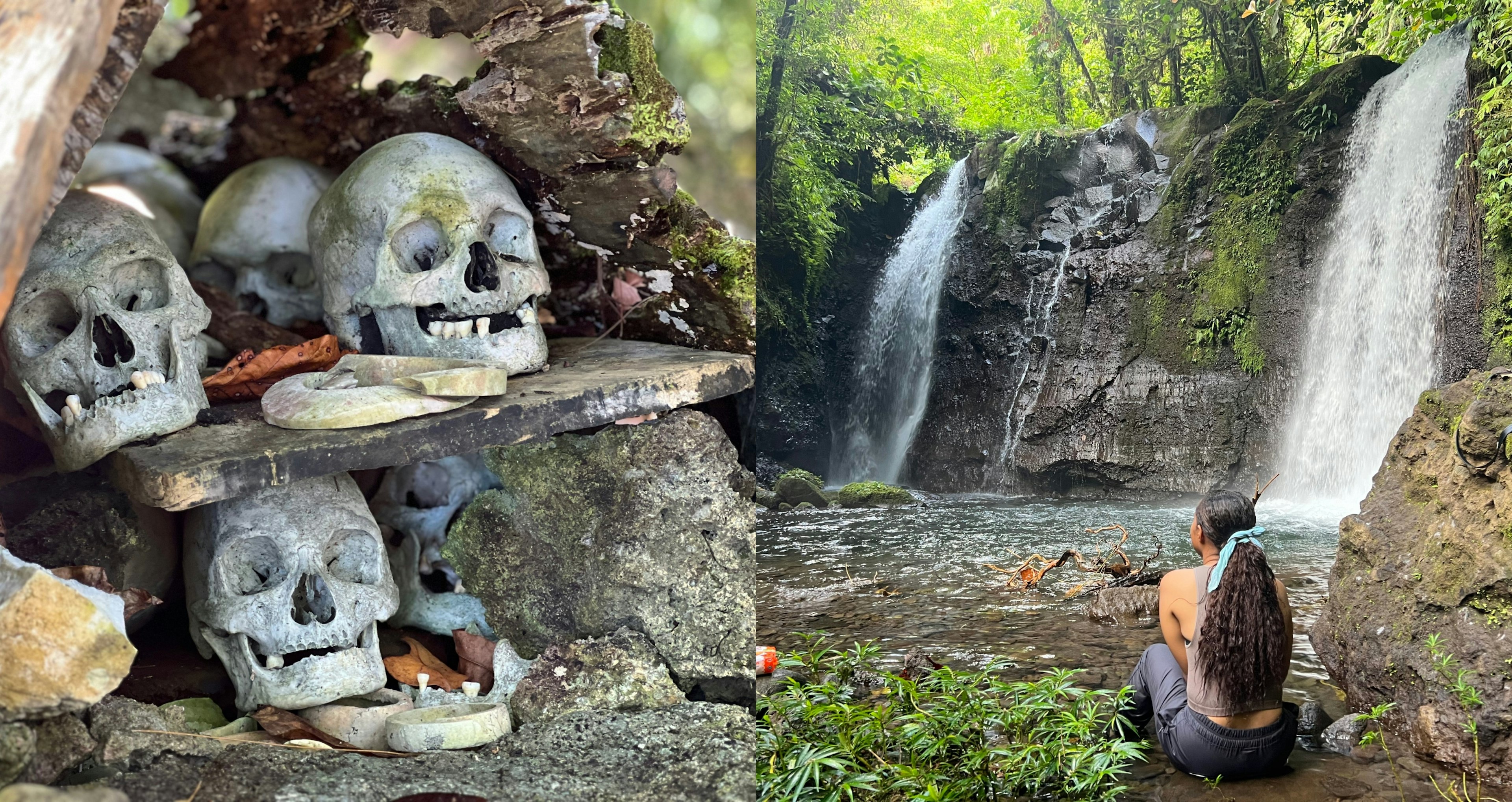 L: Skulls on Skull Island. R: Woman sitting by waterfall.