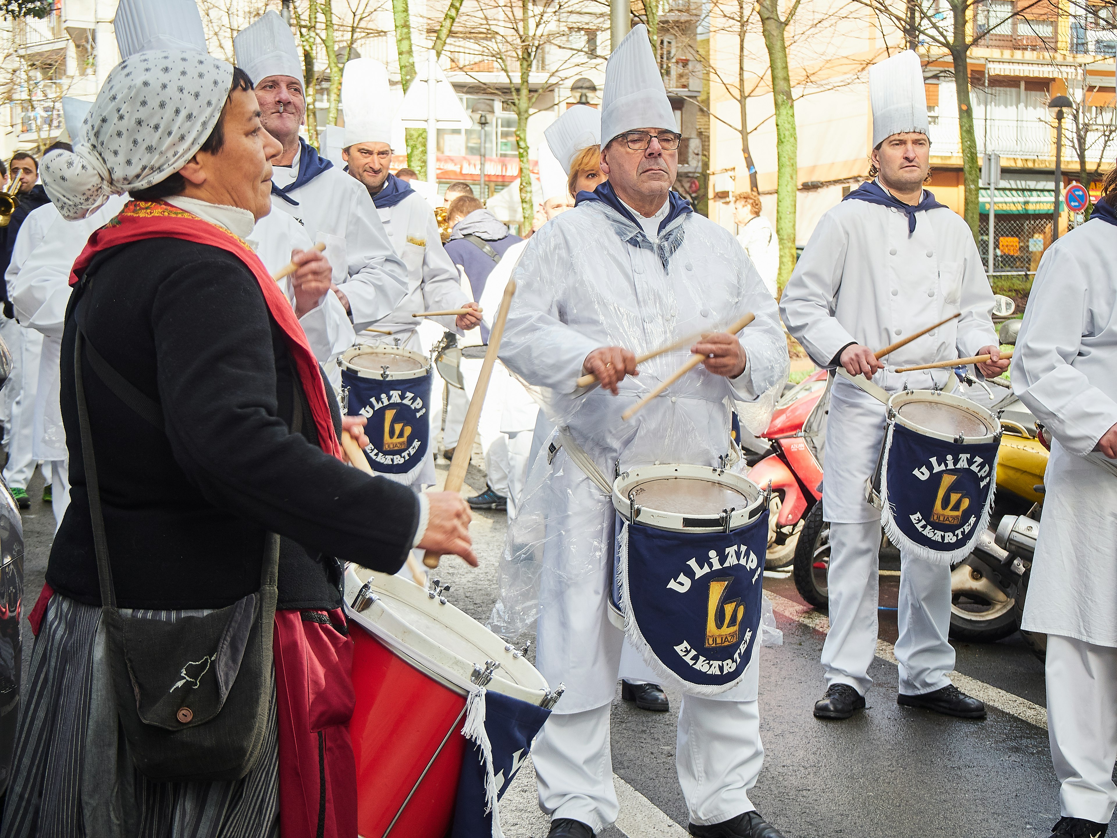 Dining society drummers parade in San Sebastian for Tamborrada.