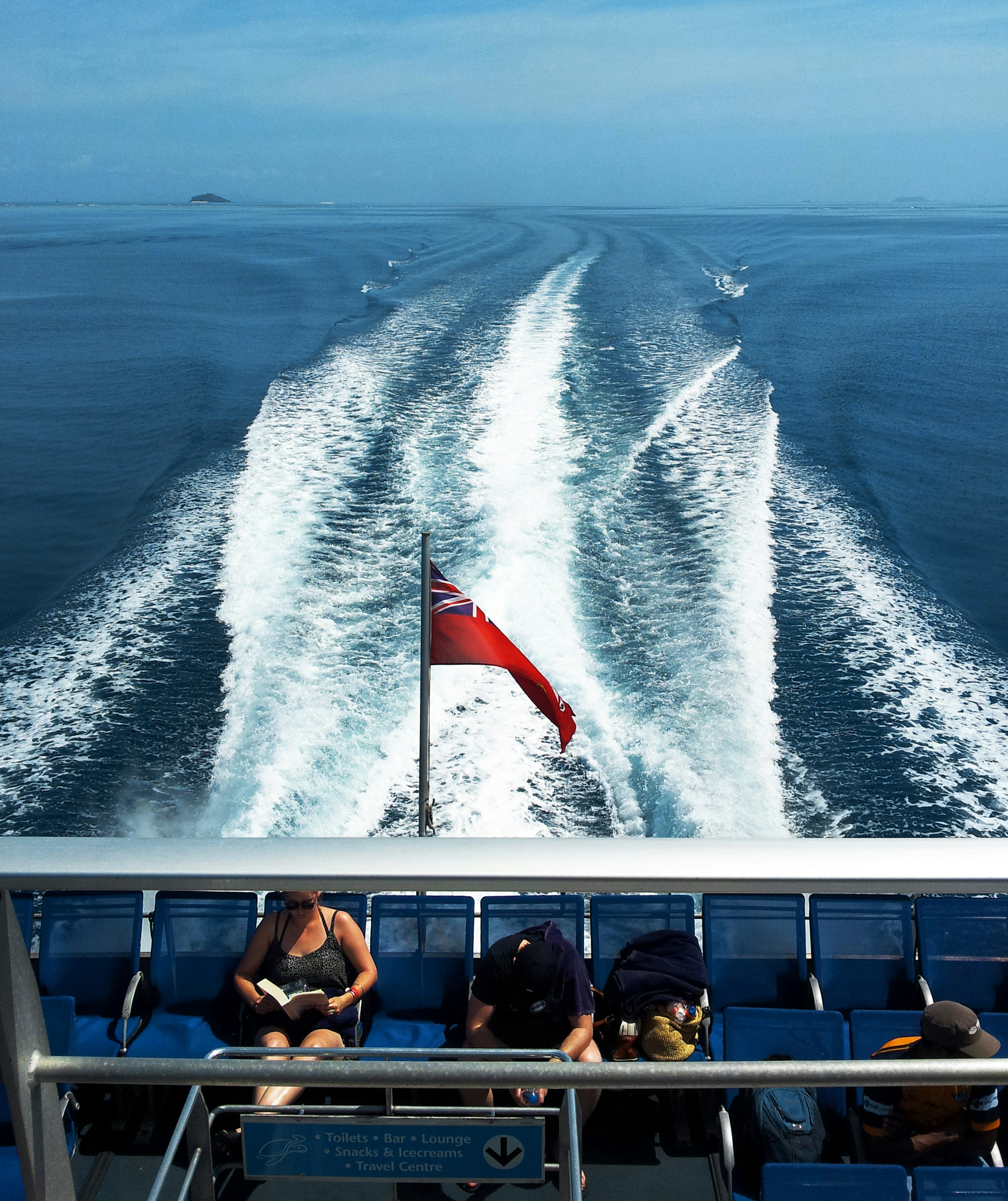 The stern of South Sea Cruises vessel as it sails through Mamanuca Group