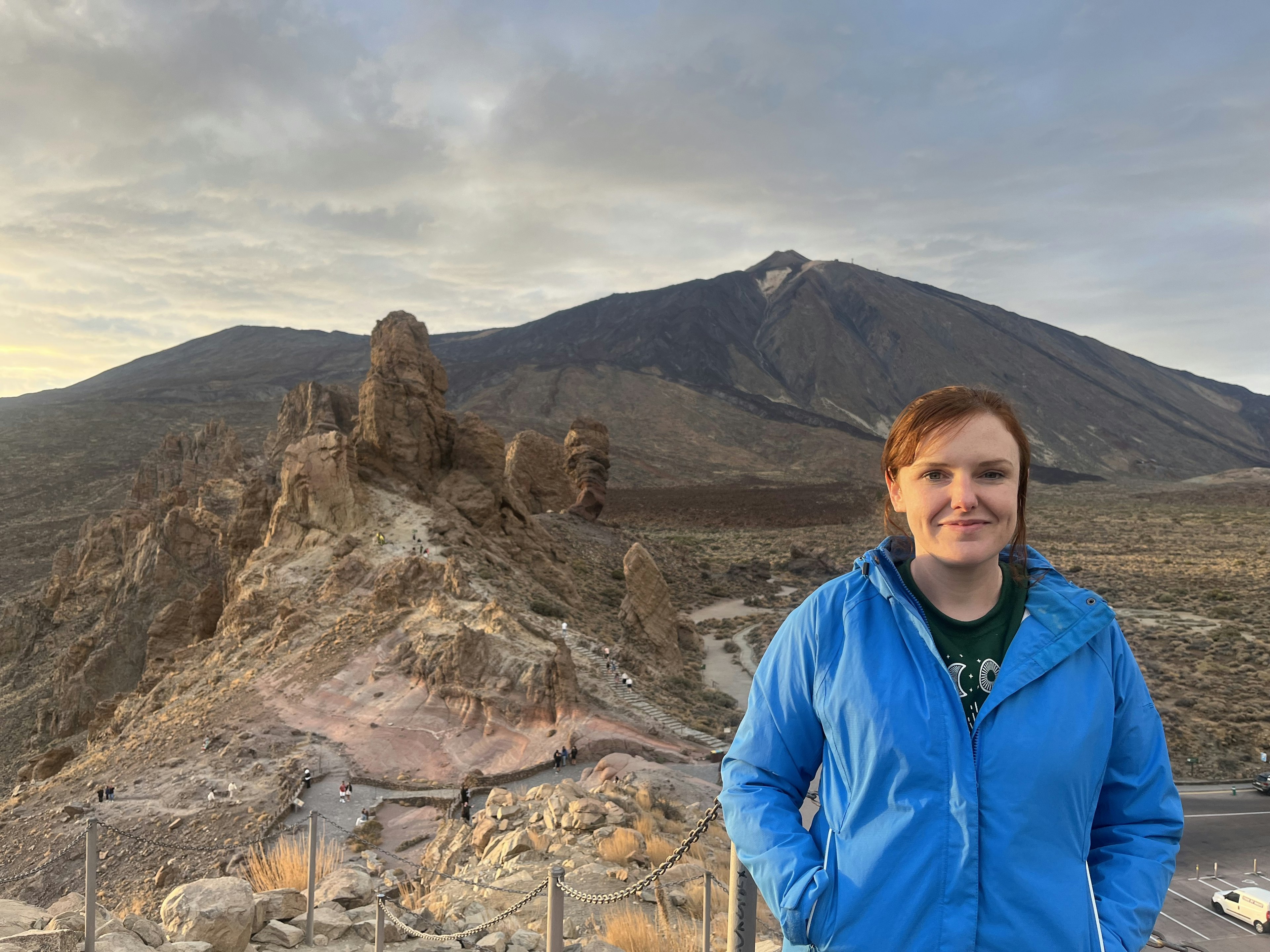 AnneMarie the journalist writing this article at Teide National Park Tenerife in a blue jacket facing the camera.