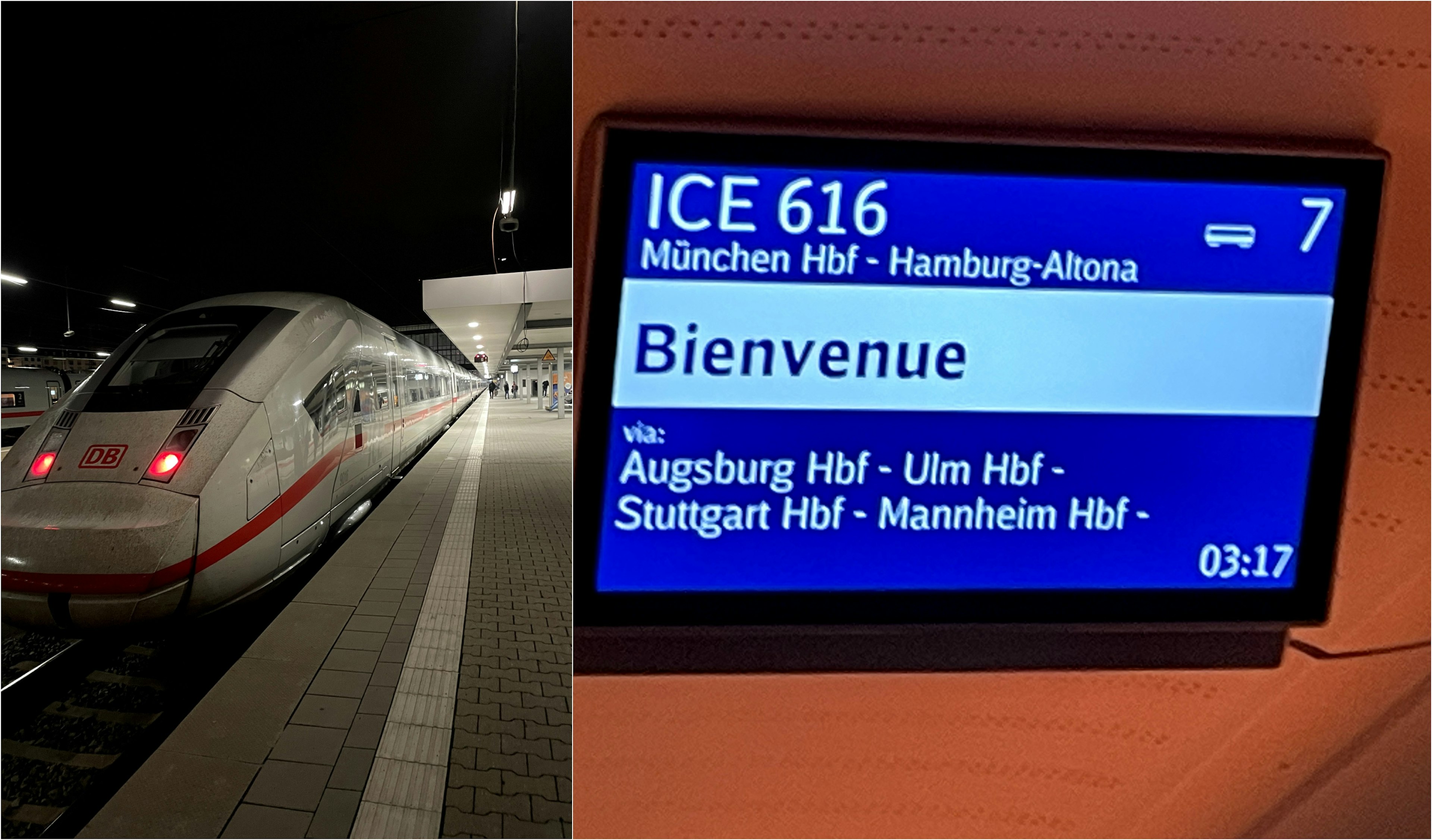 A train on the right and an arrival sign on the left