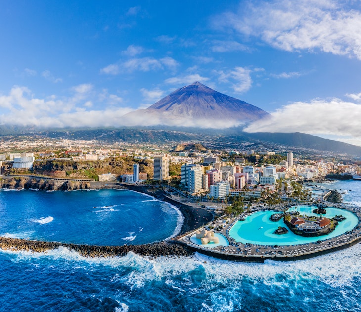 Aerial view with Puerto de la Cruz, in background Teide volcano, Tenerife island, Spain
CLEARED FOR DIGITAL USE ONLY -