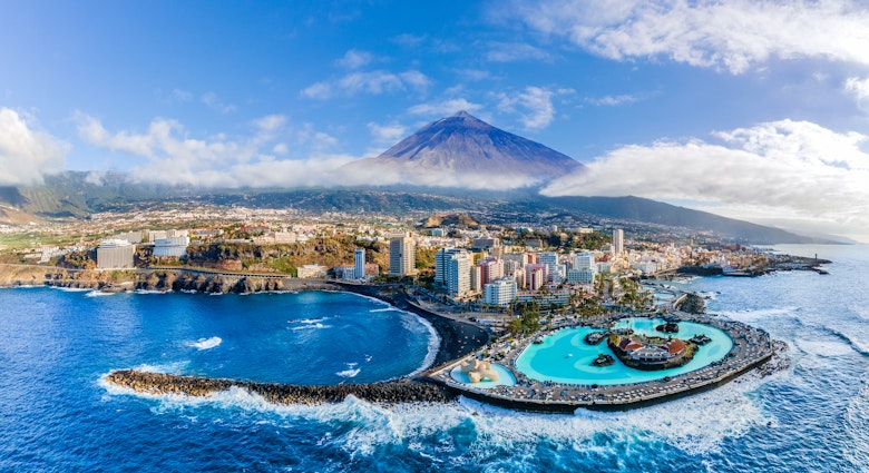 Aerial view with Puerto de la Cruz, in background Teide volcano, Tenerife island, Spain
CLEARED FOR DIGITAL USE ONLY -