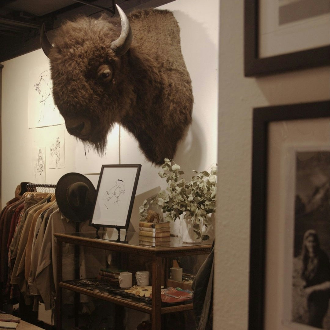 A taxidermy bison head hangs on a wall over racks of clothing and accessories at a boutique