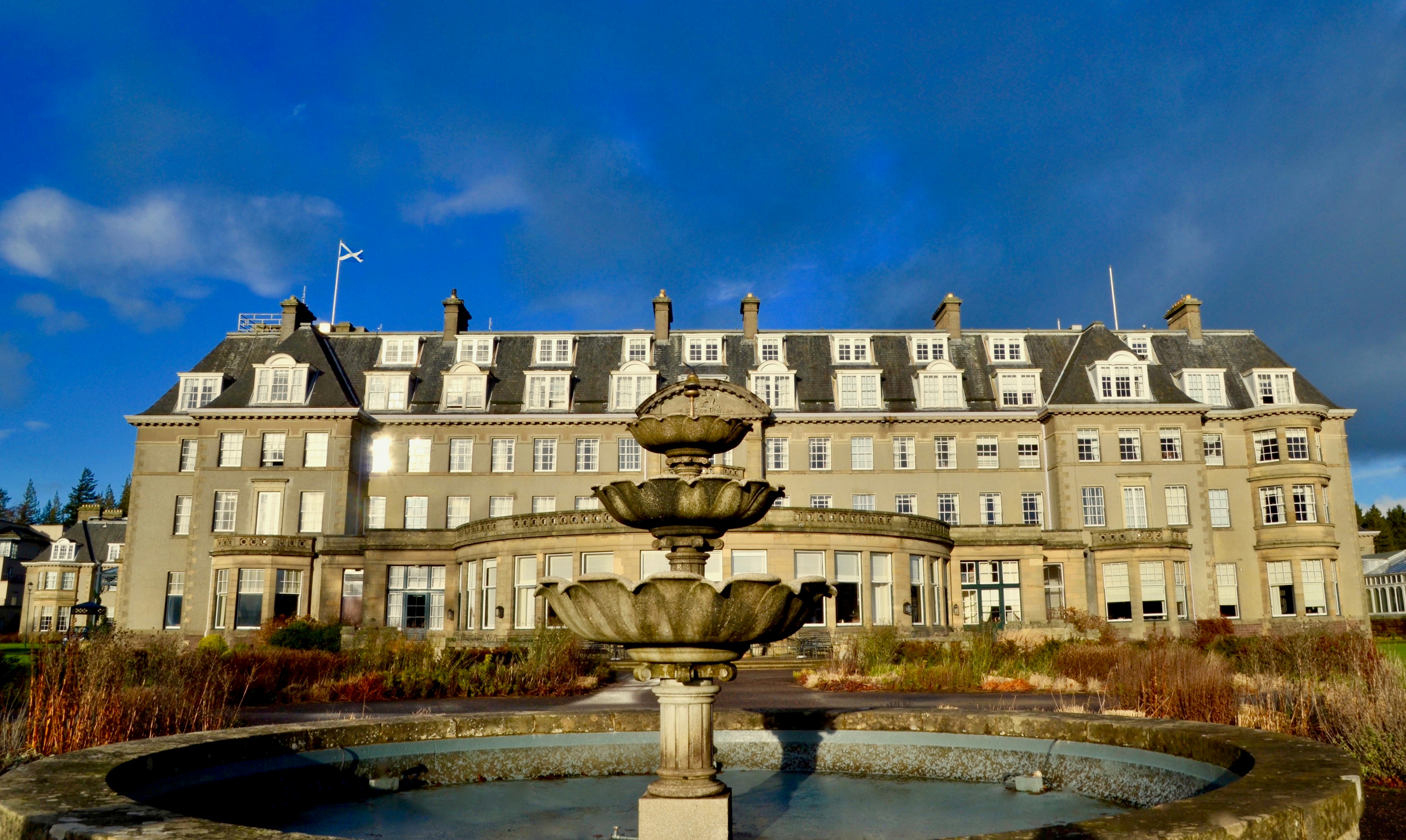 Exterior of a large hotel in winter