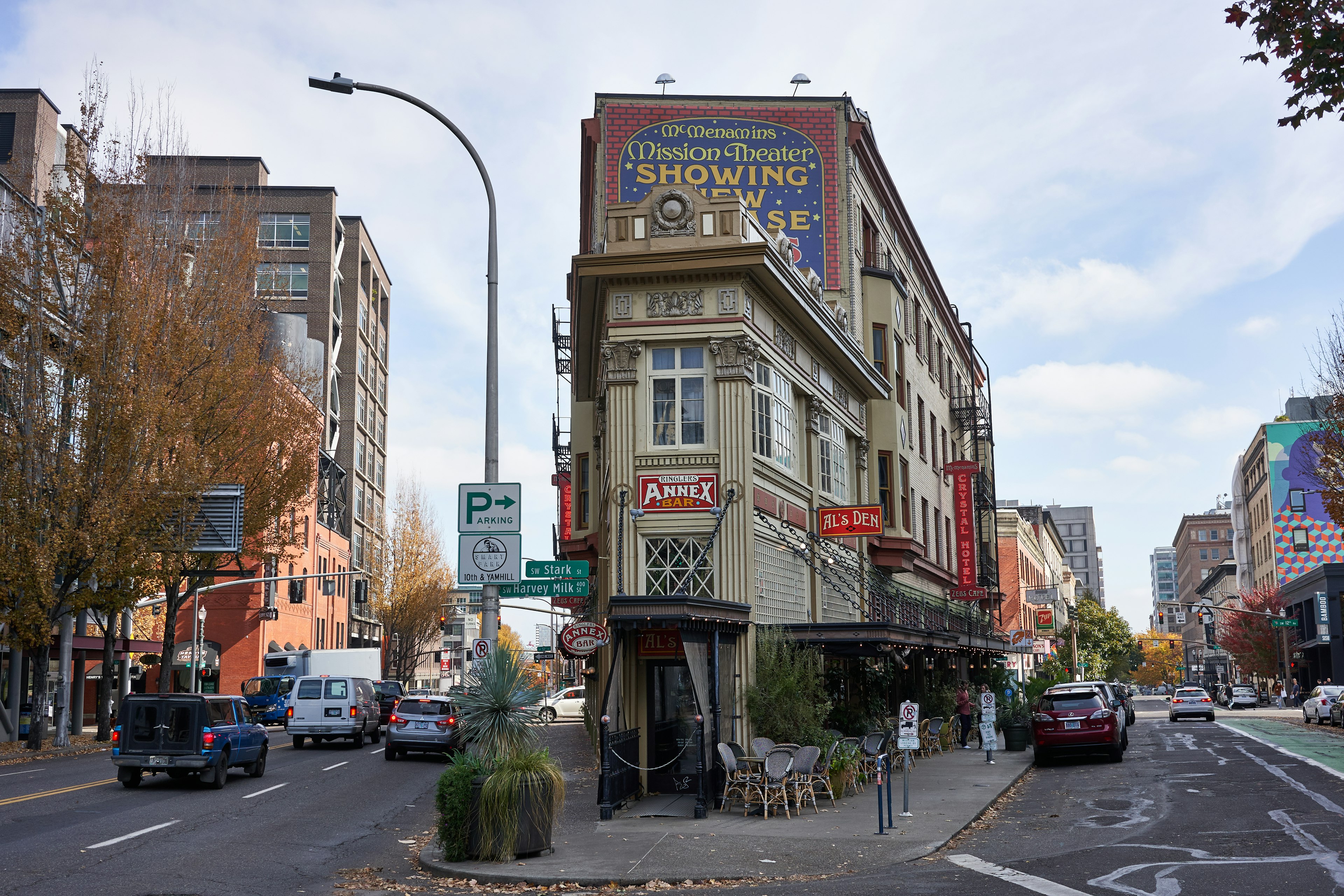 The Flatiron Building, also known as Ringlers Annex and Espresso Bar, a historic two-story building that sits at the end of a triangular lot in downtown Portland.