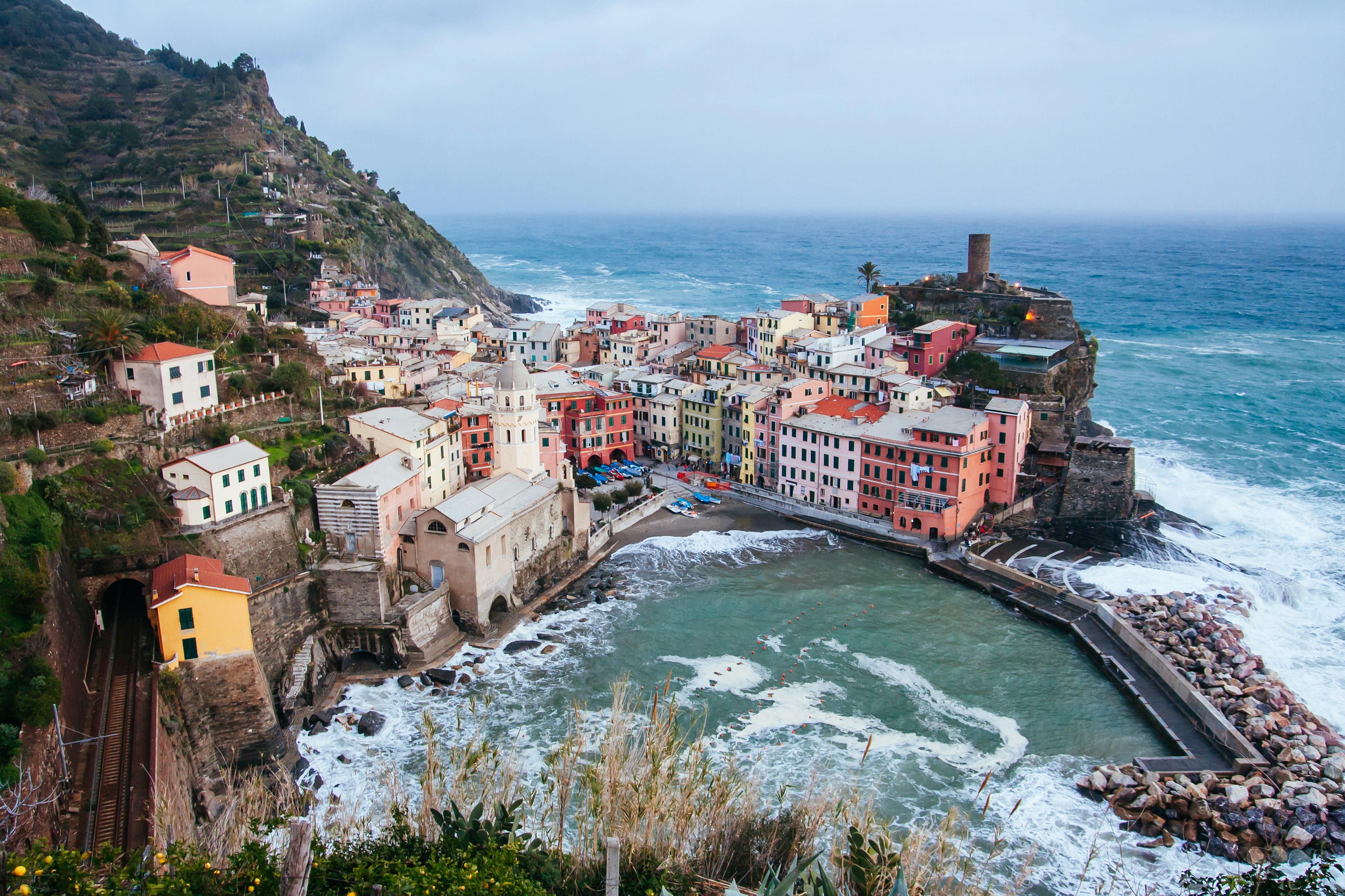 Coastal view on a clear winter's evening over Vernazza in Cinque Terre, Italy.