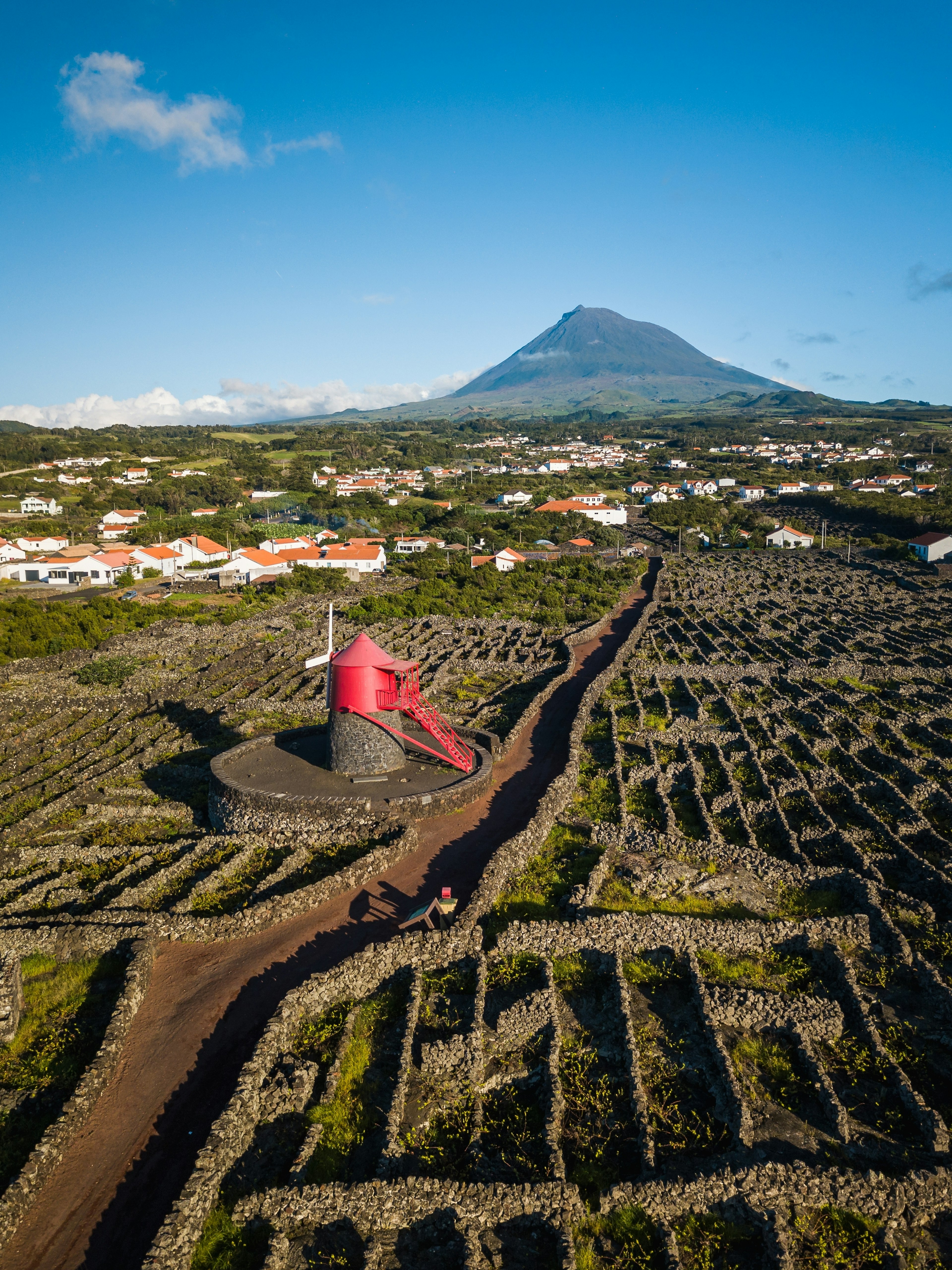 Aerial View of the vineyards of Azores Island Pico at Criação Velha during sunset with Pico Mountain on the background