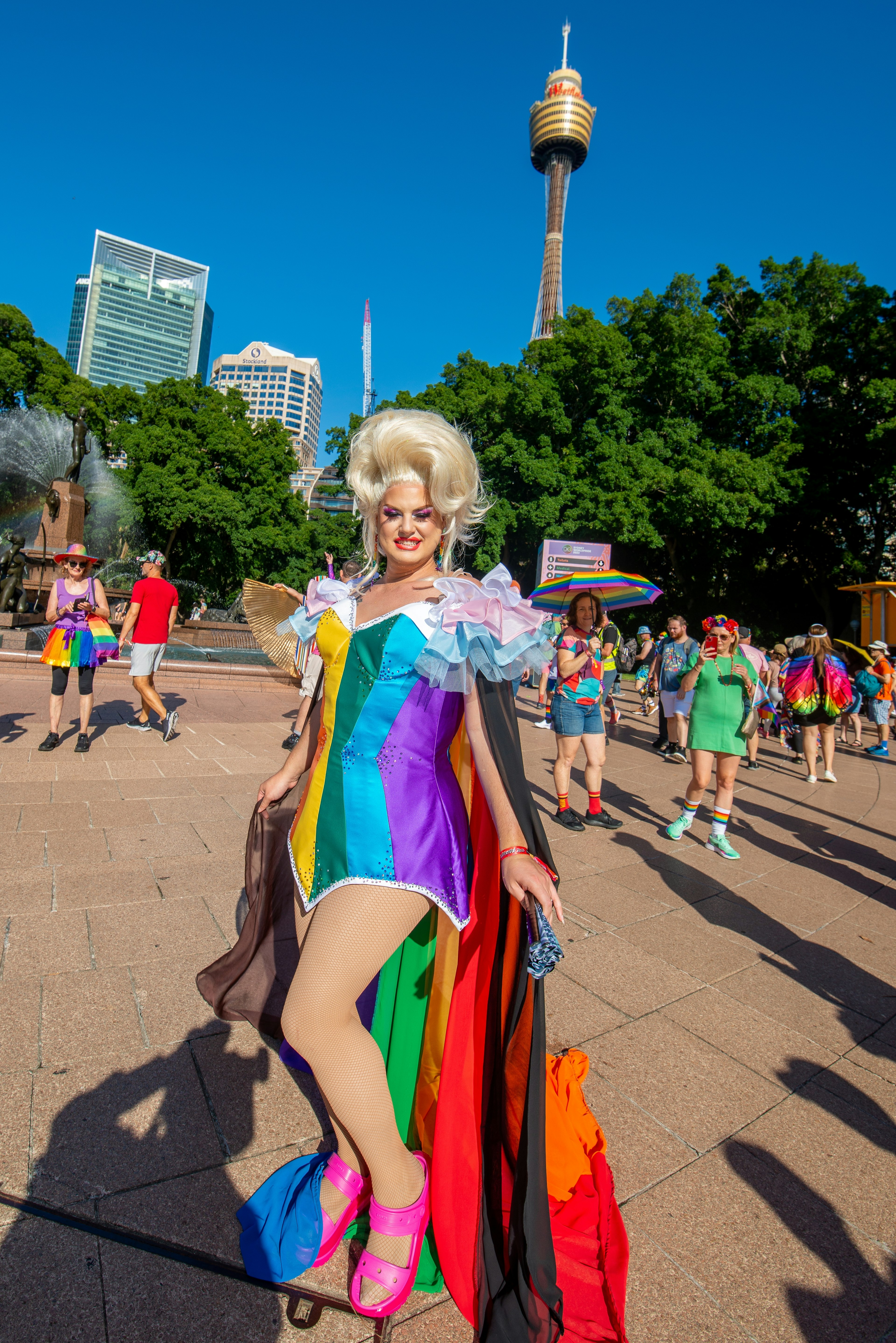 50 thousand LGBTQIA+ community members celebrate WorldPride 2023, gathering in Hyde Park to take pictures and selfies in front of the Archibald Fountain.