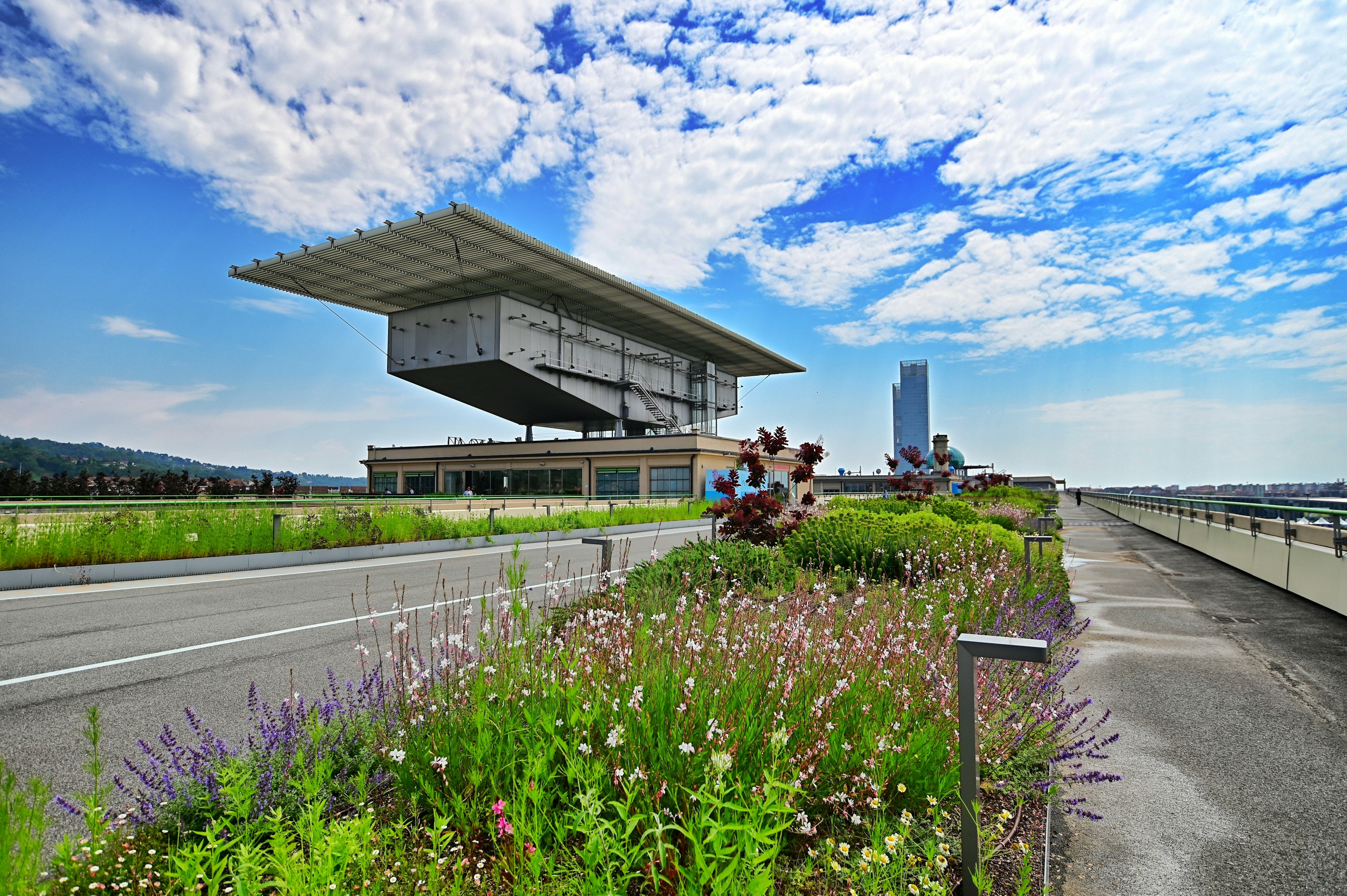 Flowers and other plantings on the roof of La Pista 500, the former site of Fiat’s Lingotto factory and test track in Turin, Italy